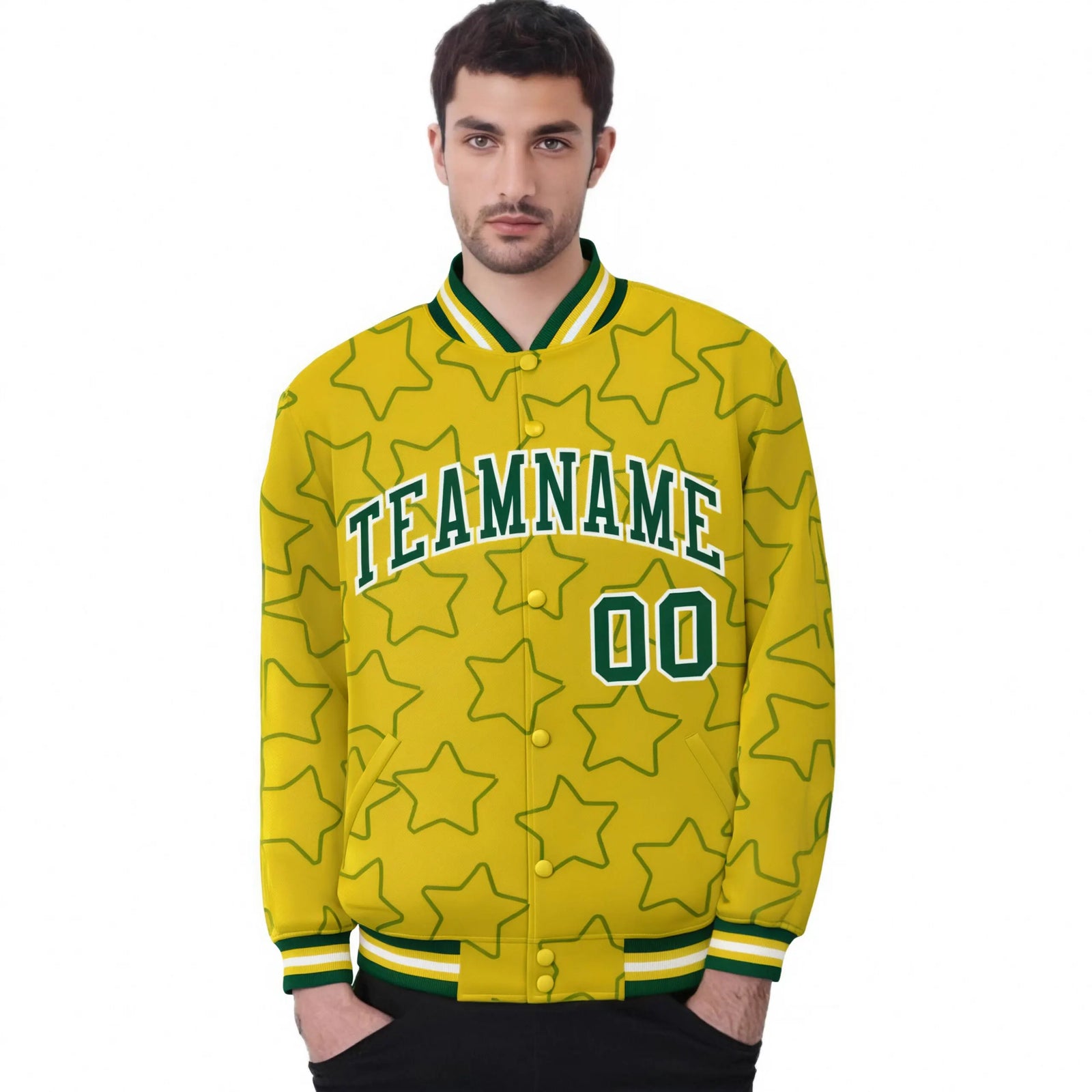 Custom Gold Green-White Varsity Full-Snap Star Pattern Letterman Baseball Jacket
