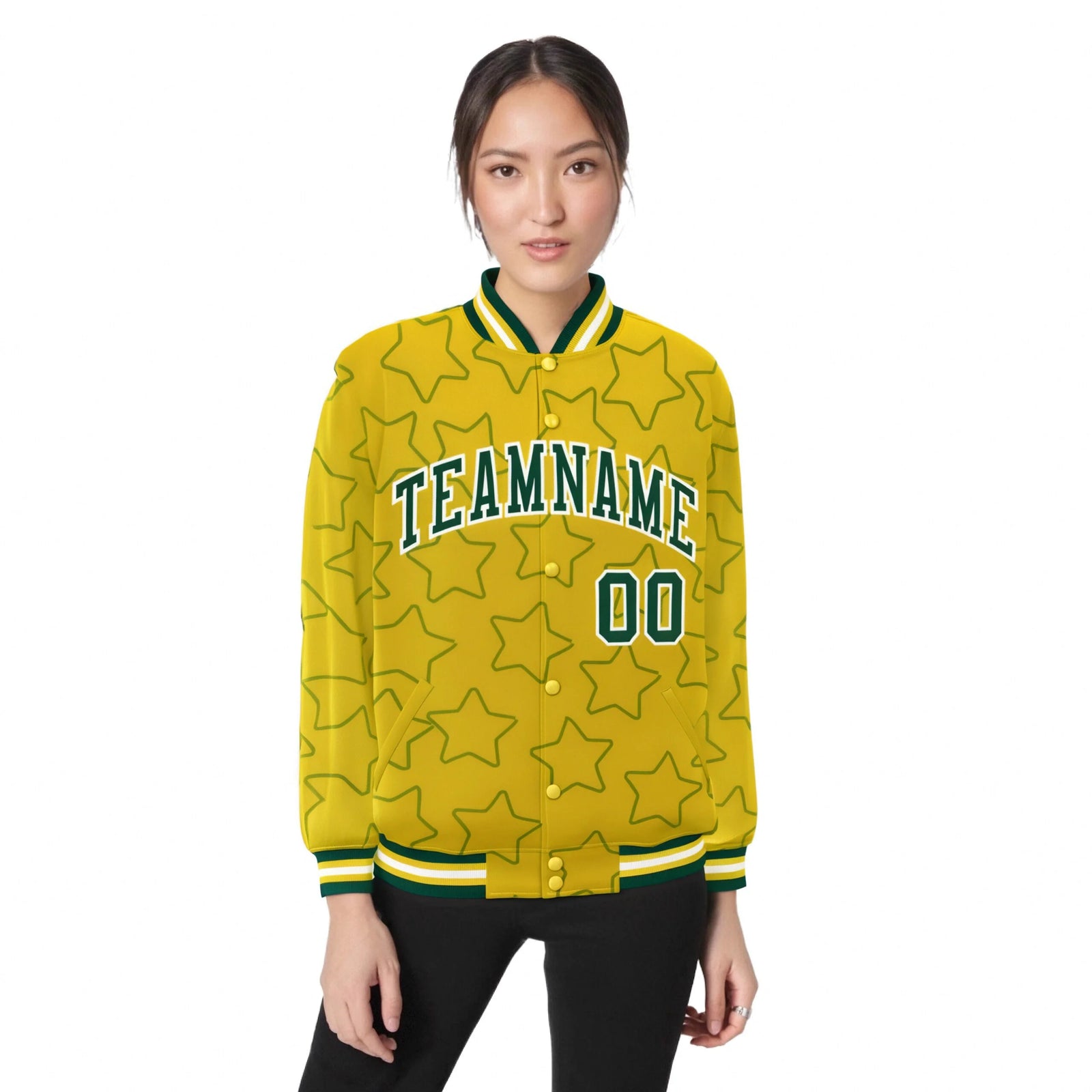 Custom Gold Green-White Varsity Full-Snap Star Pattern Letterman Baseball Jacket