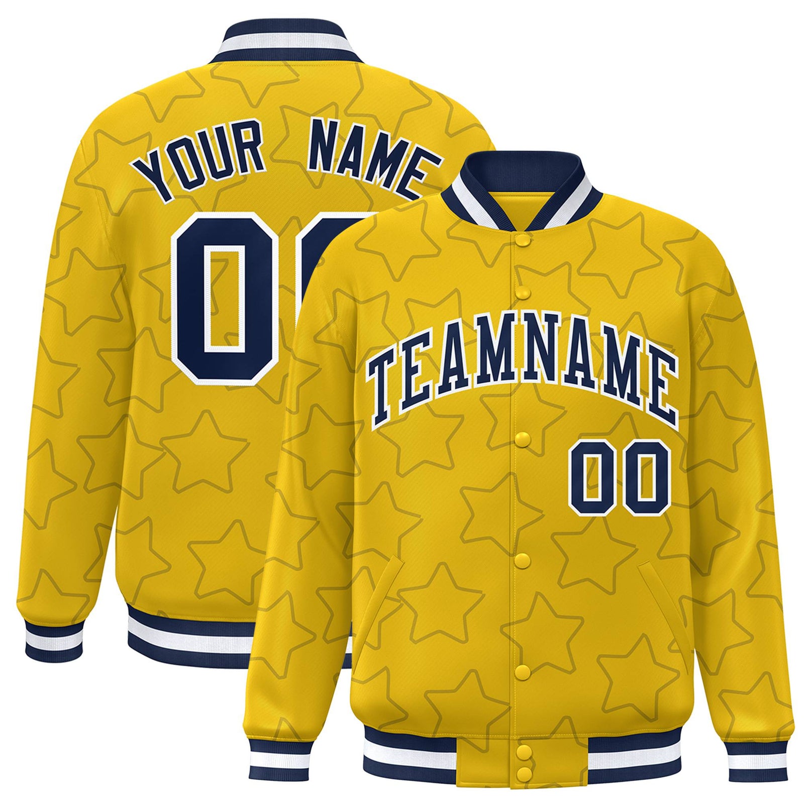 Custom Gold Navy-White Varsity Full-Snap Star Pattern Letterman Baseball Jacket