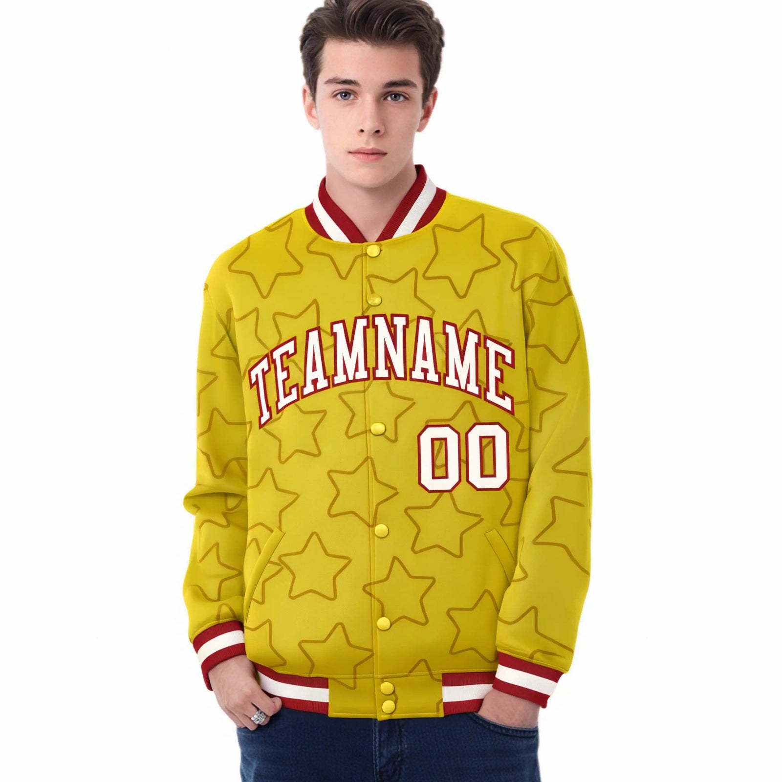 Custom Gold White-Red Varsity Full-Snap Star Pattern Letterman Baseball Jacket