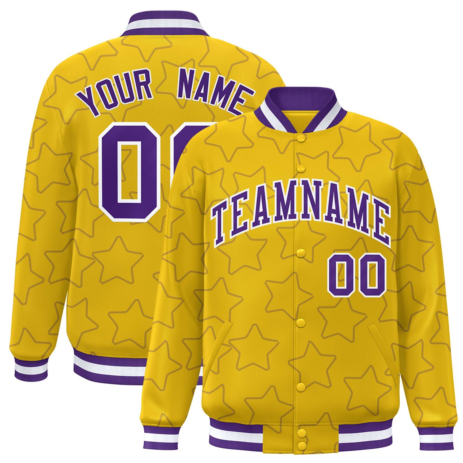 Custom Gold Purple-White Varsity Full-Snap Star Pattern Letterman Baseball Jacket