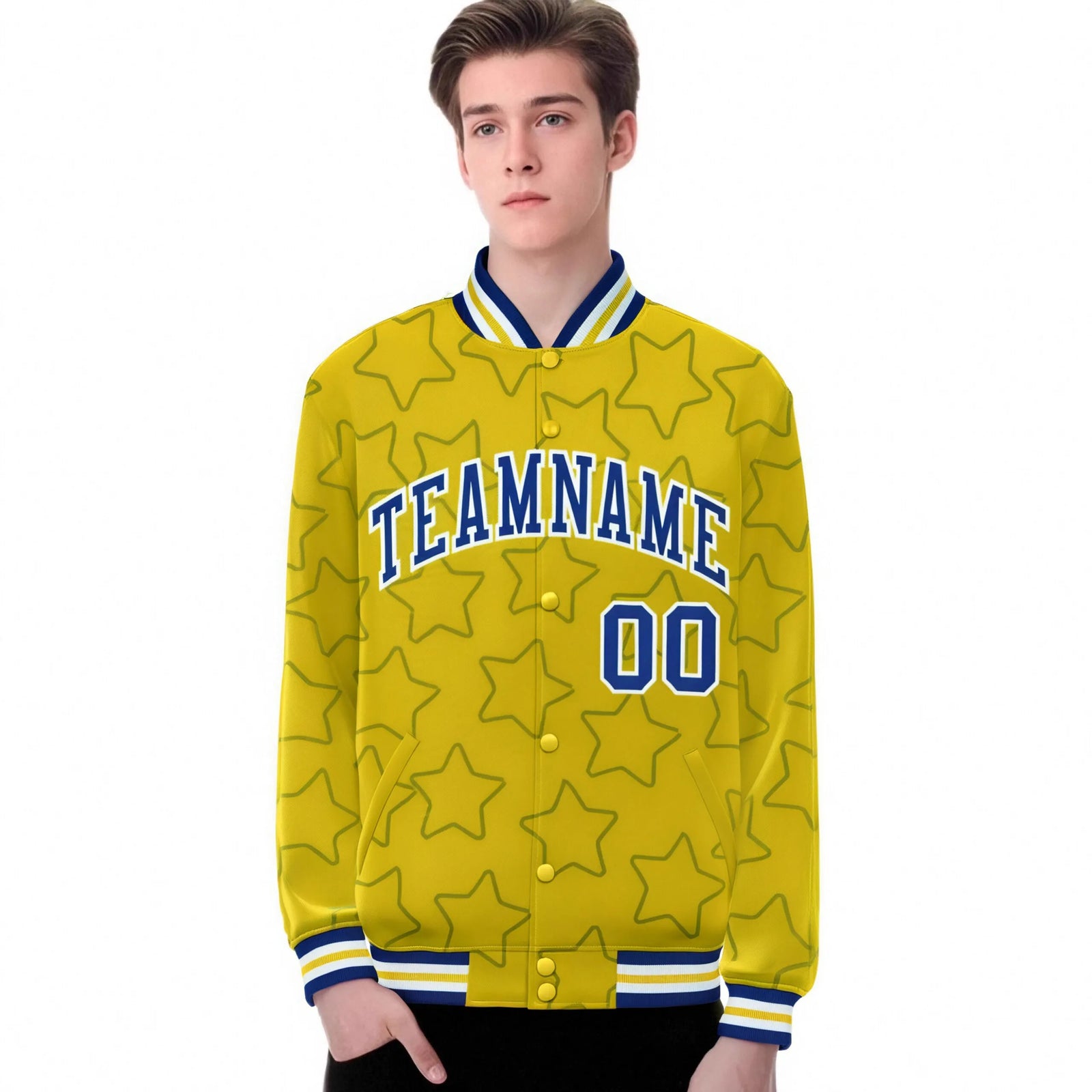 Custom Gold Royal Blue-White Varsity Full-Snap Star Pattern Letterman Baseball Jacket