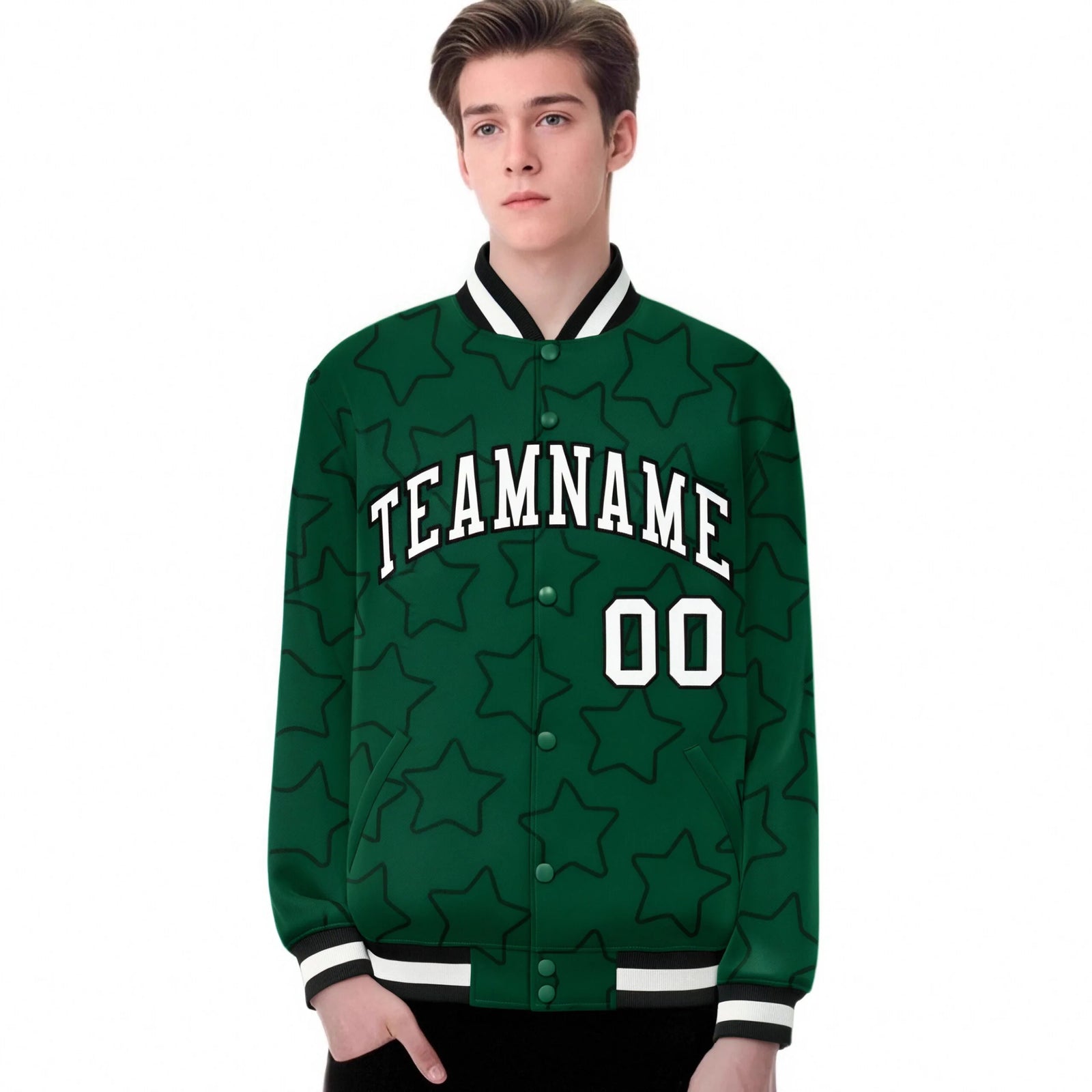 Custom Green White-Black Varsity Full-Snap Star Pattern Letterman Baseball Jacket