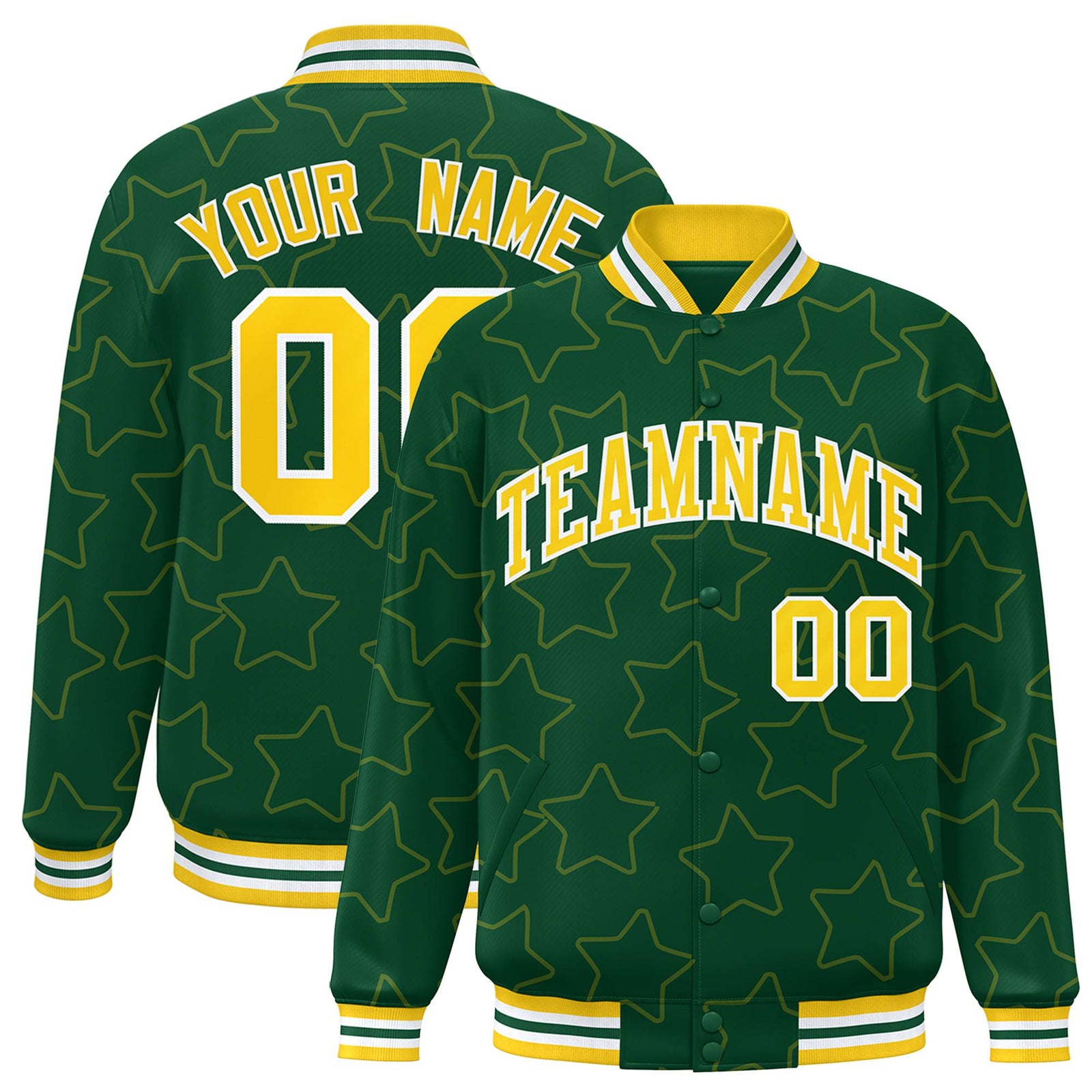Custom Green Gold-White Varsity Full-Snap Star Pattern Letterman Baseball Jacket