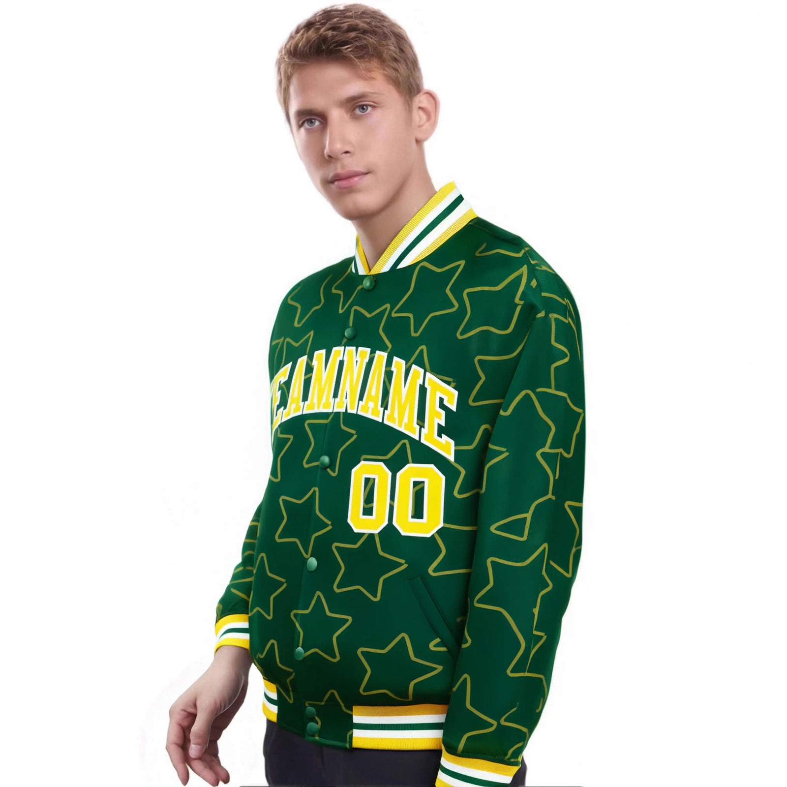 Custom Green Gold-White Varsity Full-Snap Star Pattern Letterman Baseball Jacket