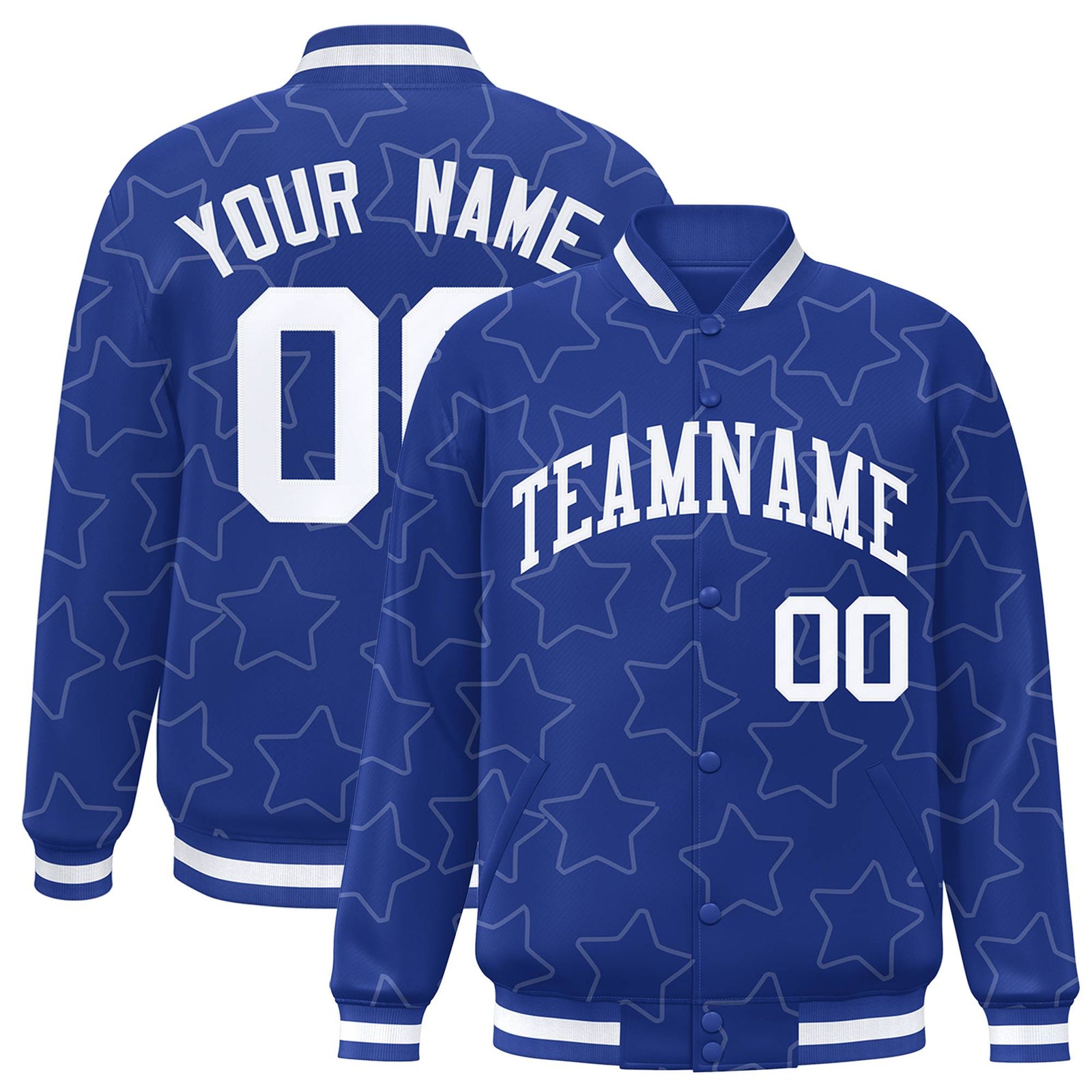 Custom Royal Blue White Varsity Full-Snap Star Pattern Letterman Baseball Jacket