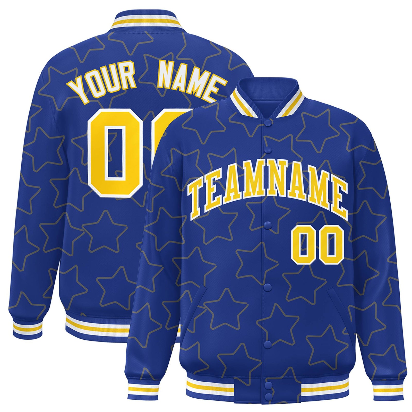 Custom Royal Blue Gold-White Varsity Full-Snap Star Pattern Letterman Baseball Jacket