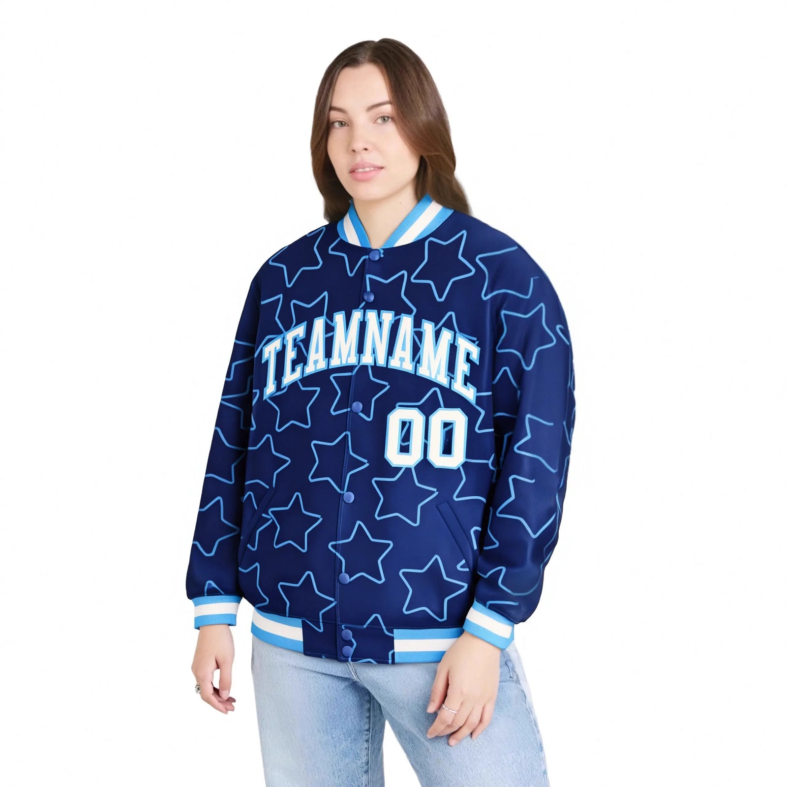 Custom Royal Blue White-Powder Blue Varsity Full-Snap Star Pattern Letterman Baseball Jacket