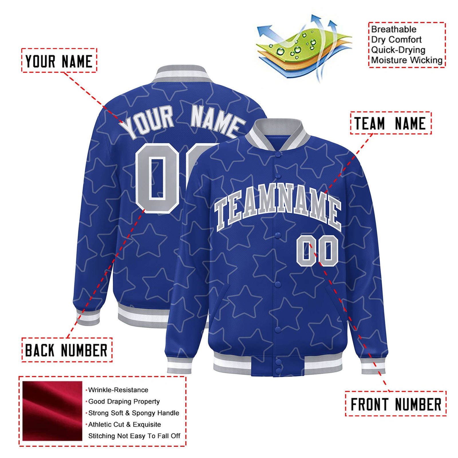Custom Royal Blue Gray-White Varsity Full-Snap Star Pattern Letterman Baseball Jacket