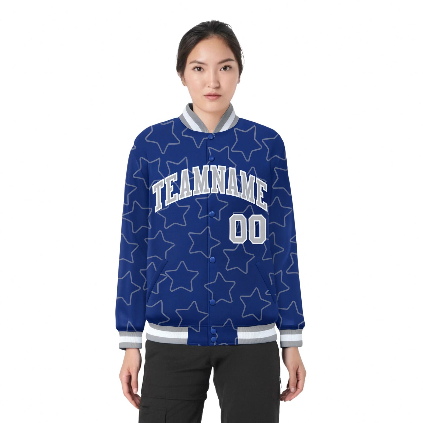 Custom Royal Blue Gray-White Varsity Full-Snap Star Pattern Letterman Baseball Jacket