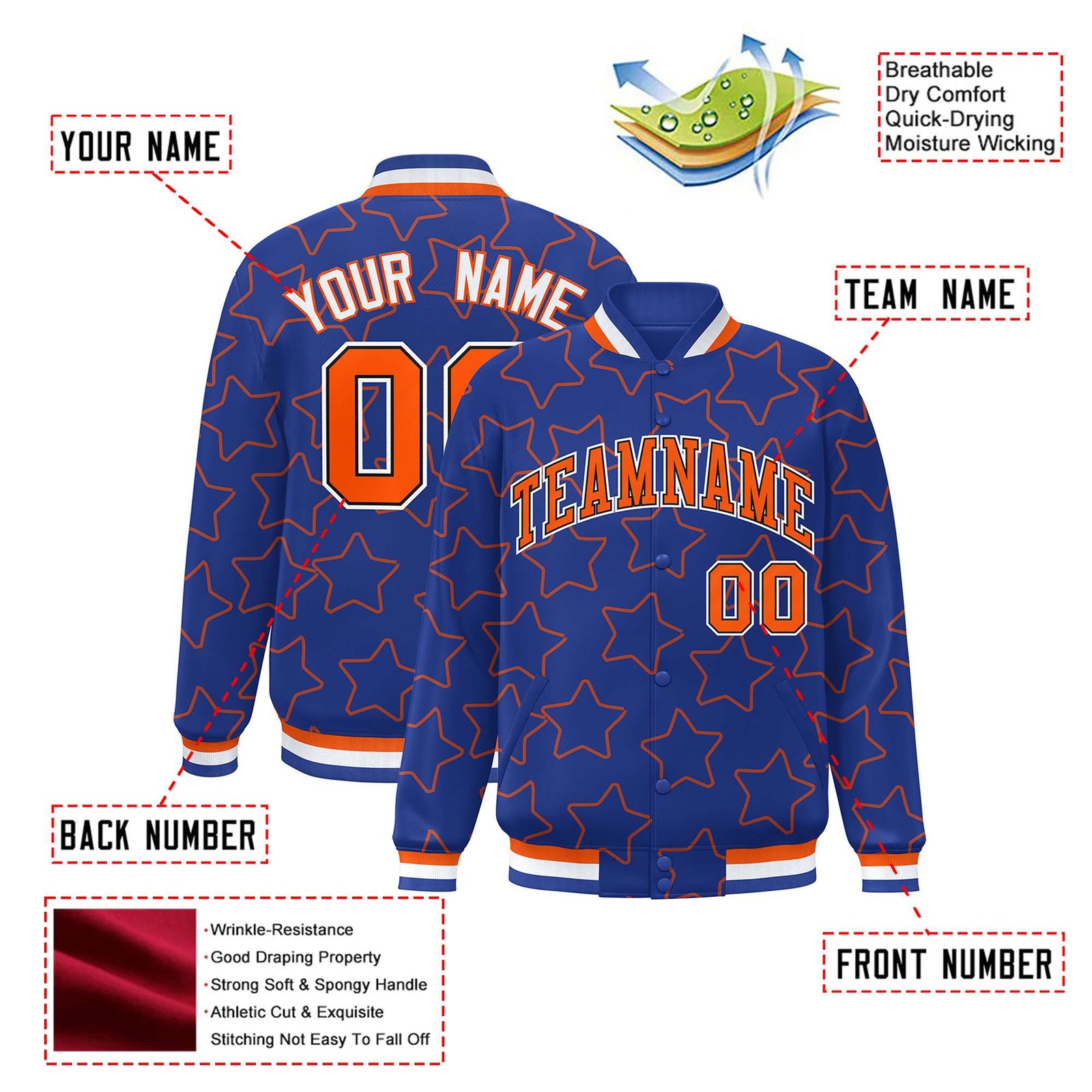 Custom Royal Blue Orange Varsity Full-Snap Star Pattern Letterman Baseball Jacket