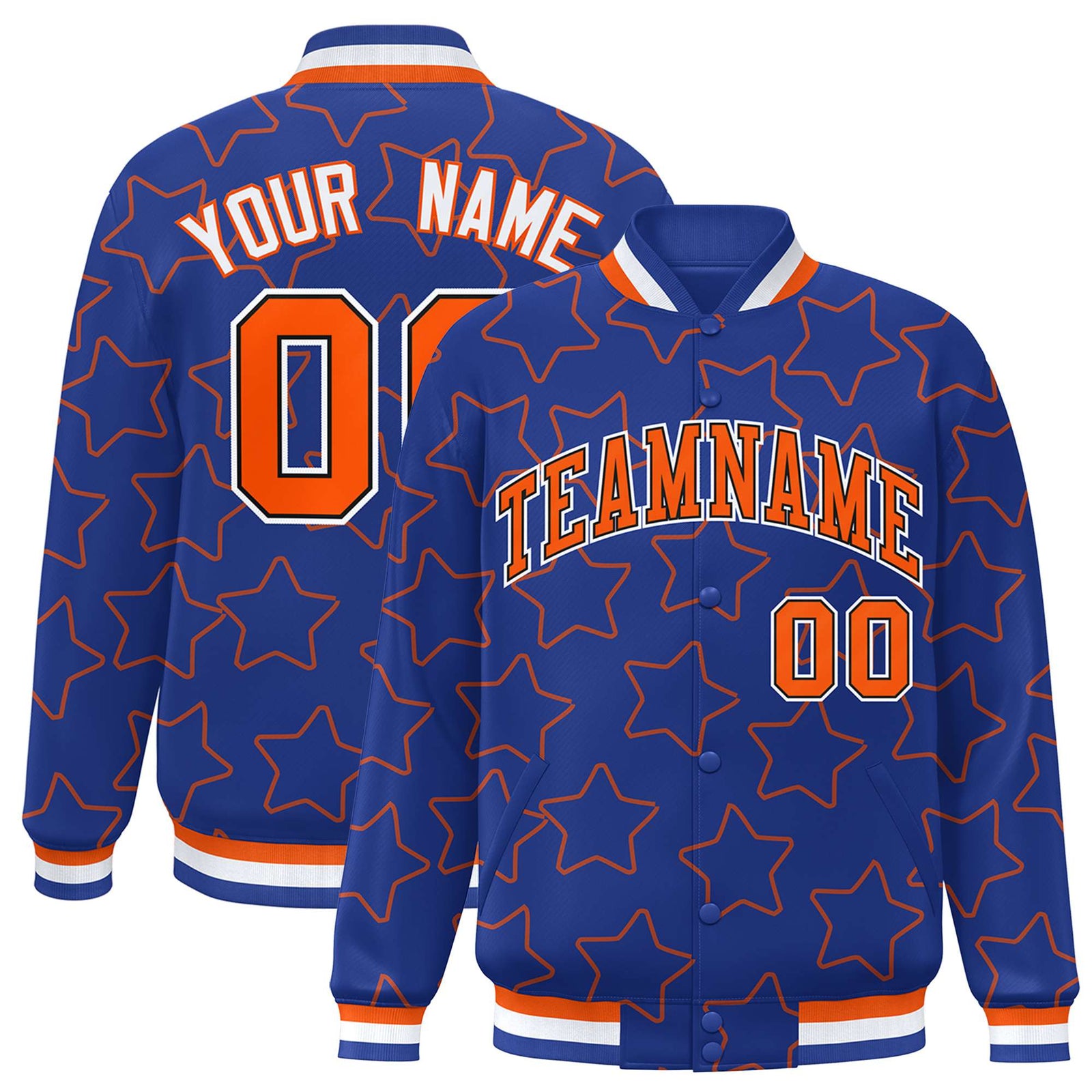 Custom Royal Blue Orange Varsity Full-Snap Star Pattern Letterman Baseball Jacket