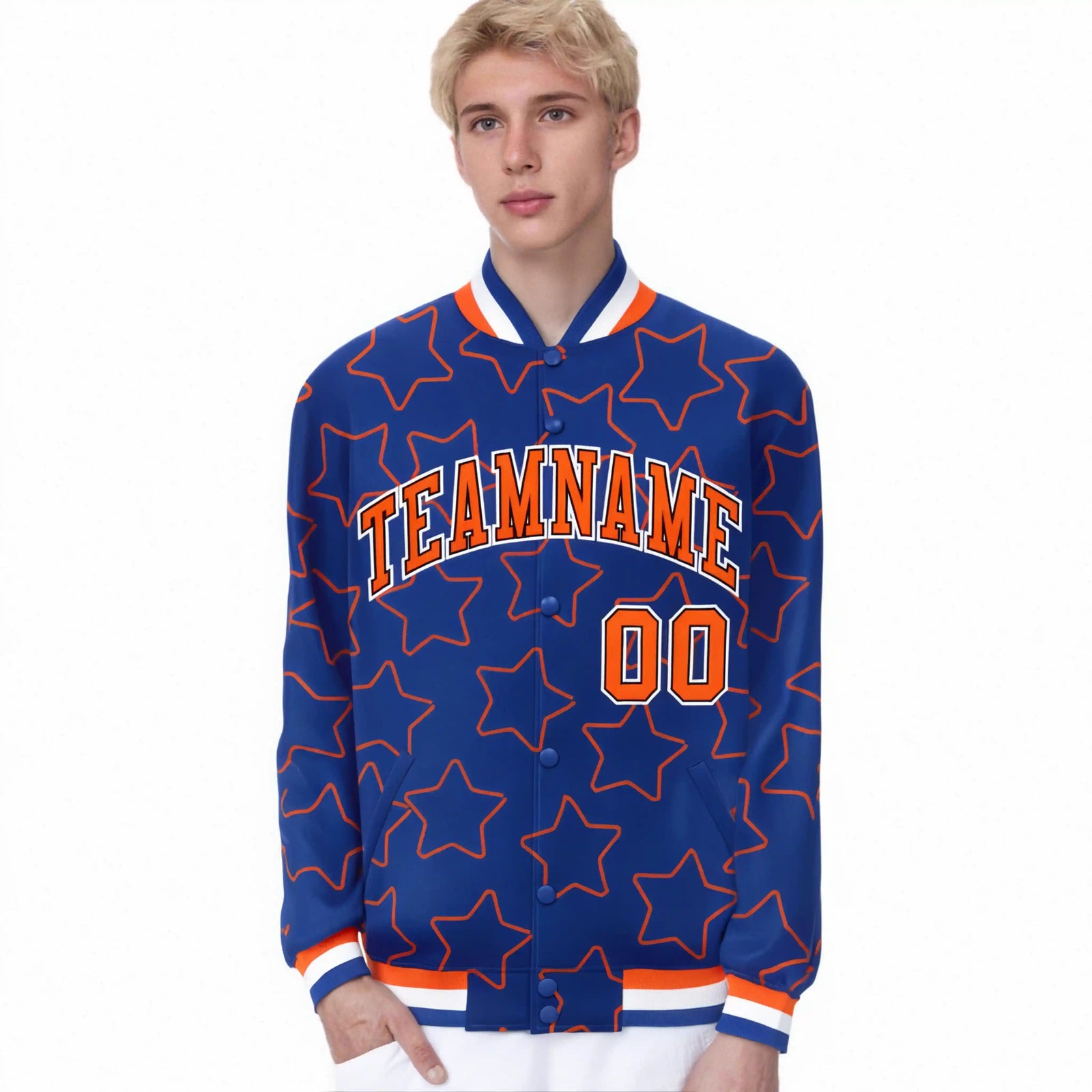 Custom Royal Blue Orange Varsity Full-Snap Star Pattern Letterman Baseball Jacket