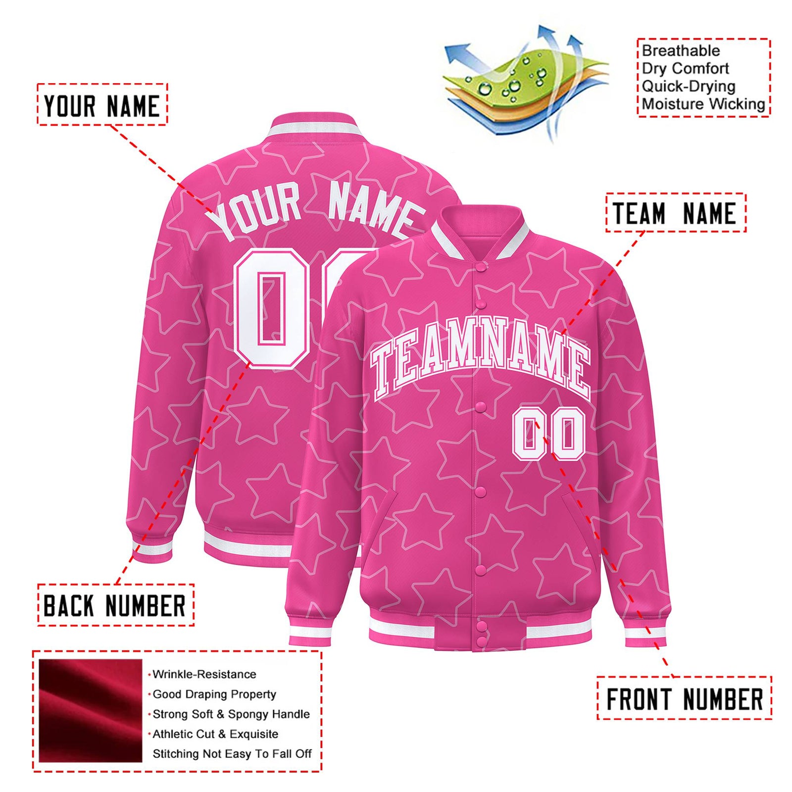 Custom Pink White Varsity Full-Snap Star Pattern Letterman Baseball Jacket