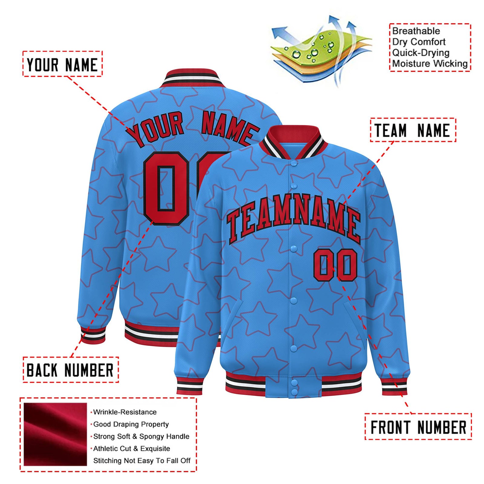 Custom Powder Blue Red-Black Varsity Full-Snap Star Pattern Letterman Baseball Jacket