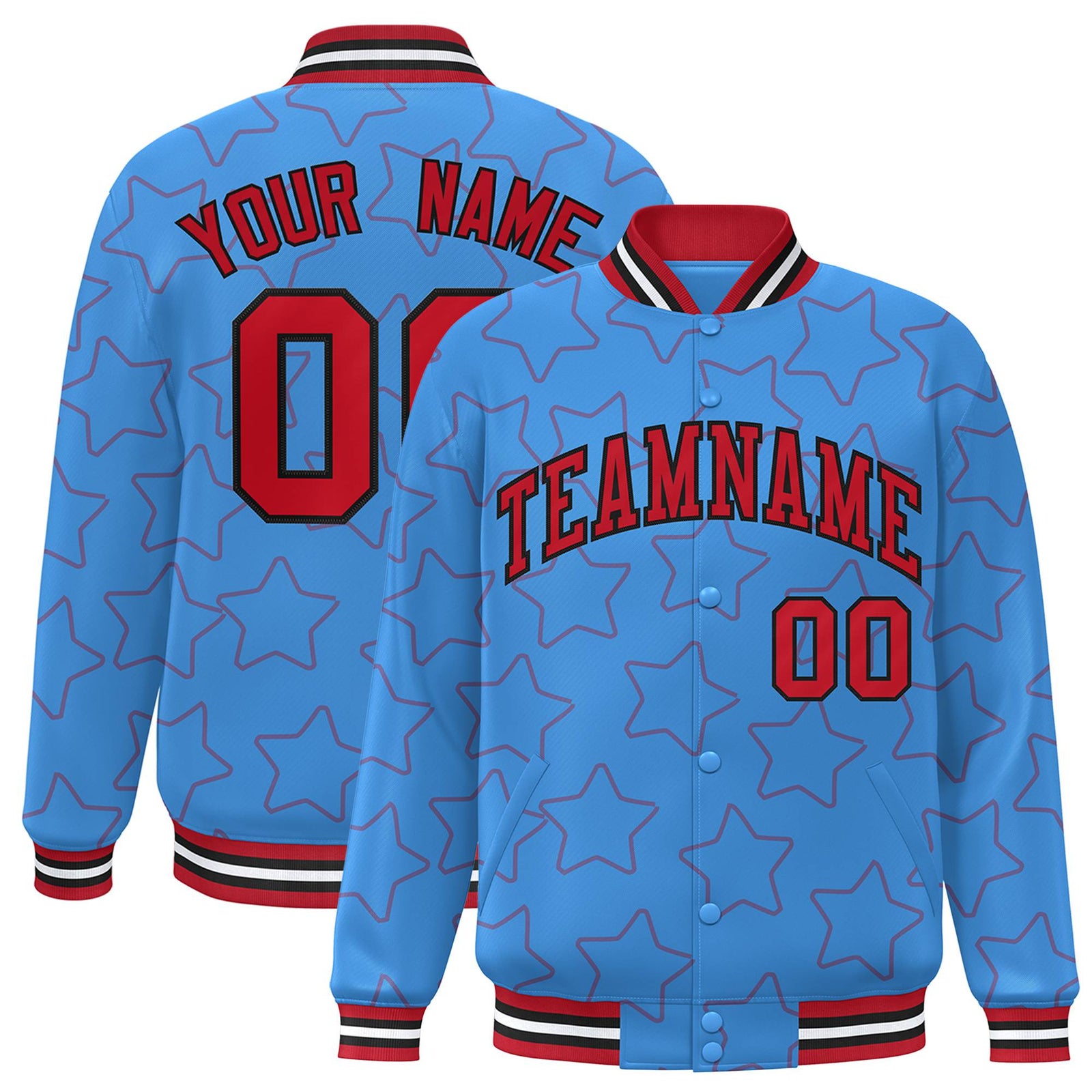 Custom Powder Blue Red-Black Varsity Full-Snap Star Pattern Letterman Baseball Jacket