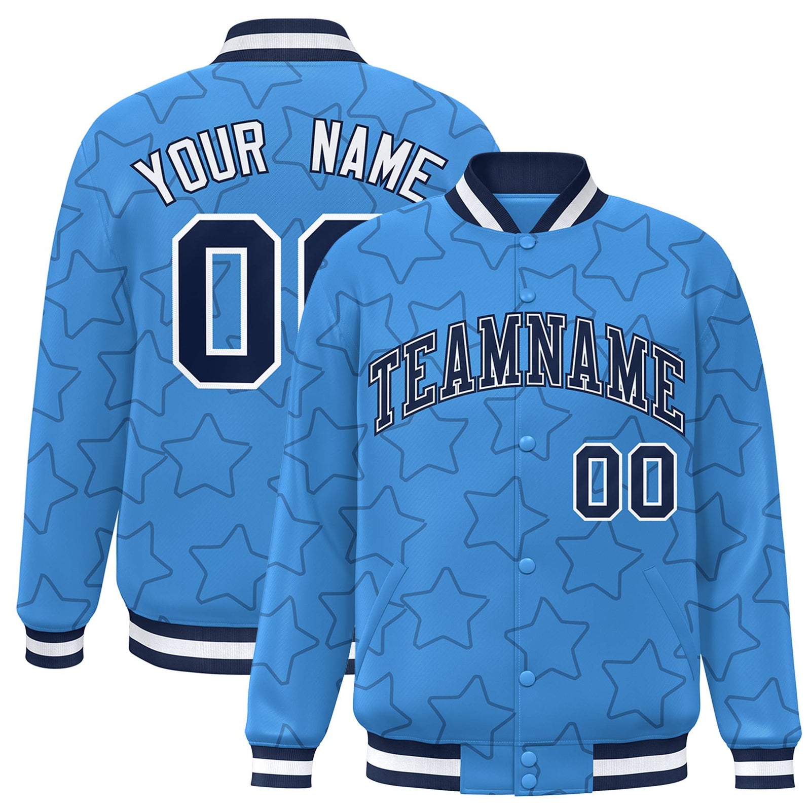 Custom Powder Blue Navy-White Varsity Full-Snap Star Pattern Letterman Baseball Jacket