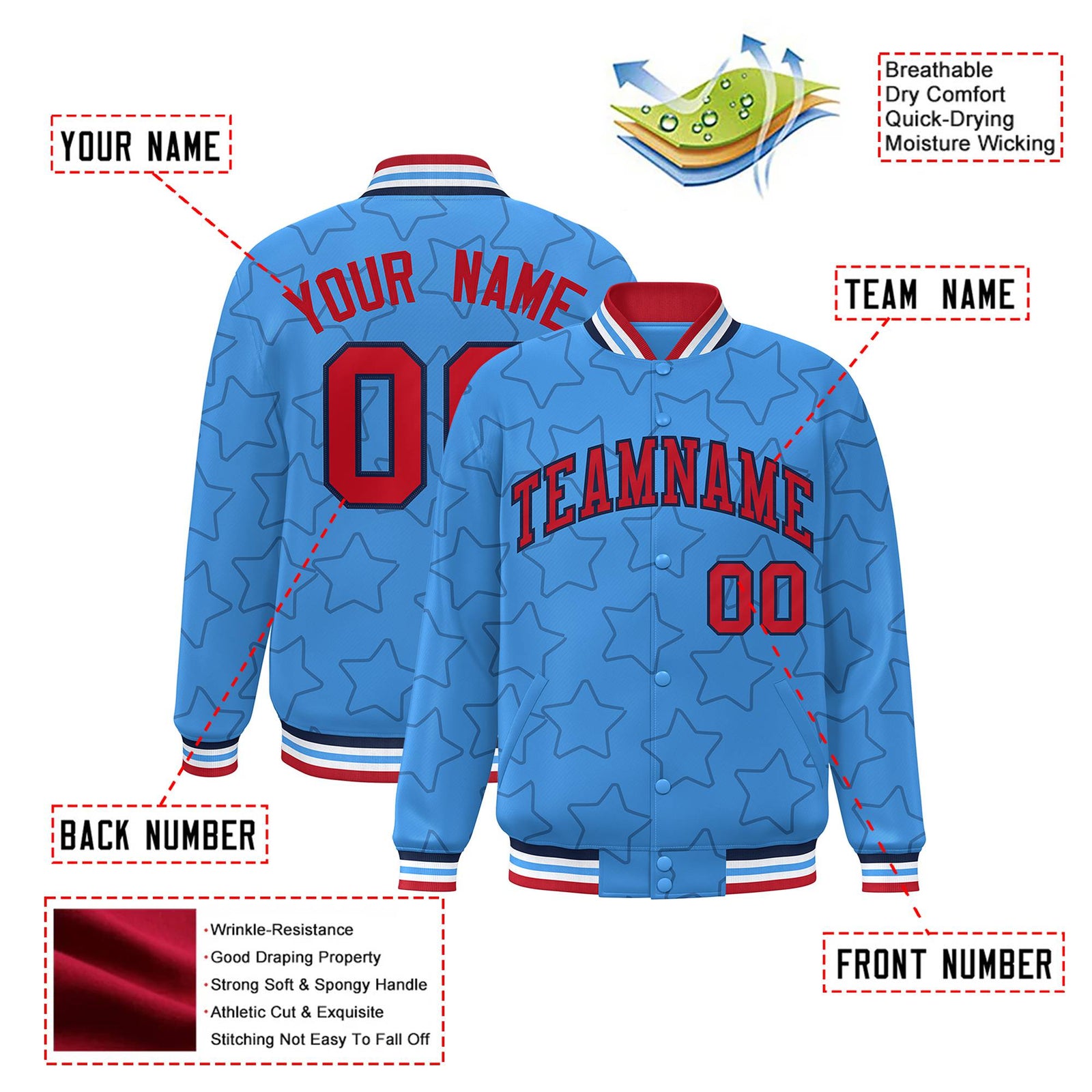 Custom Powder Blue Red-Navy Varsity Full-Snap Star Pattern Letterman Baseball Jacket