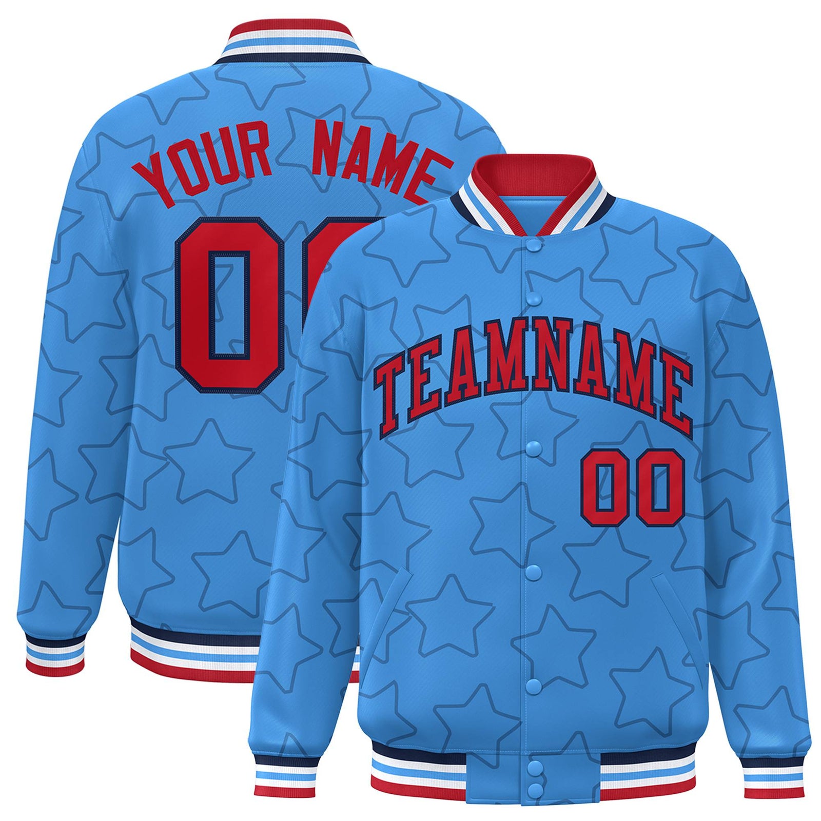 Custom Powder Blue Red-Navy Varsity Full-Snap Star Pattern Letterman Baseball Jacket