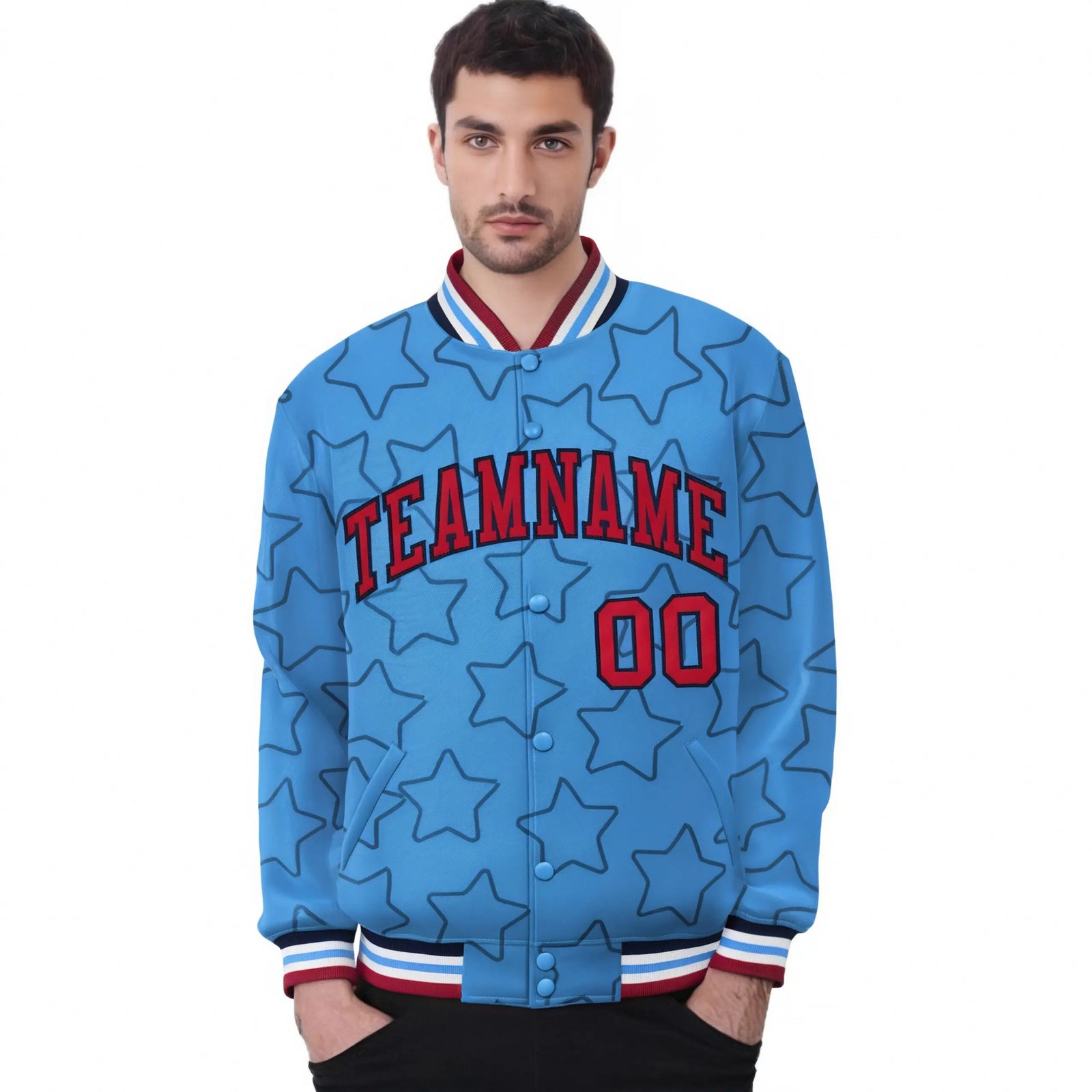 Custom Powder Blue Red-Navy Varsity Full-Snap Star Pattern Letterman Baseball Jacket