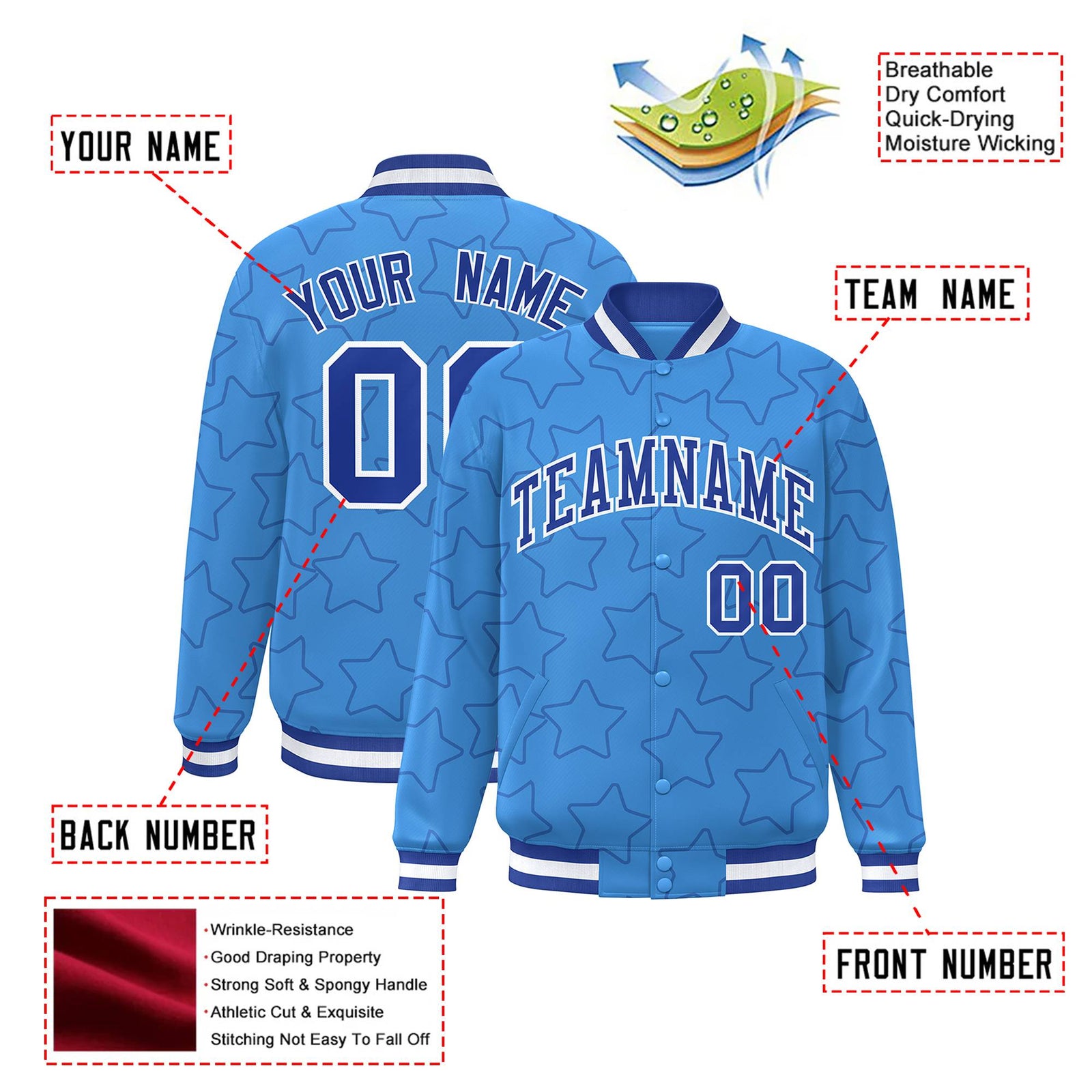 Custom Powder Blue Royal Blue-White Varsity Full-Snap Star Pattern Letterman Baseball Jacket