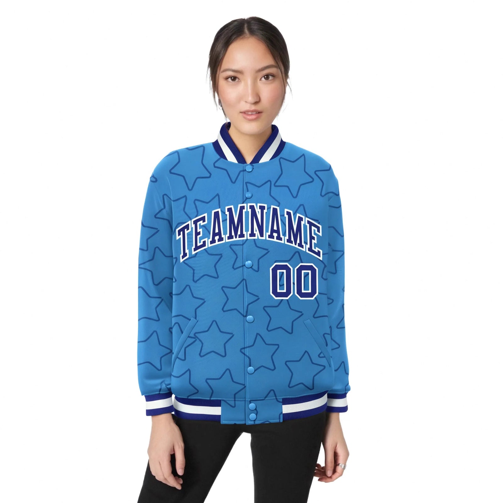Custom Powder Blue Royal Blue-White Varsity Full-Snap Star Pattern Letterman Baseball Jacket