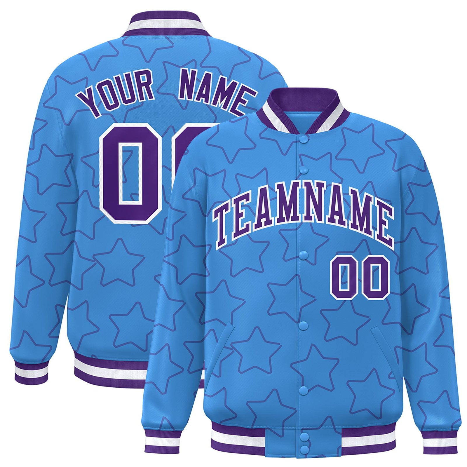 Custom Powder Blue Purple-White Varsity Full-Snap Star Pattern Letterman Baseball Jacket