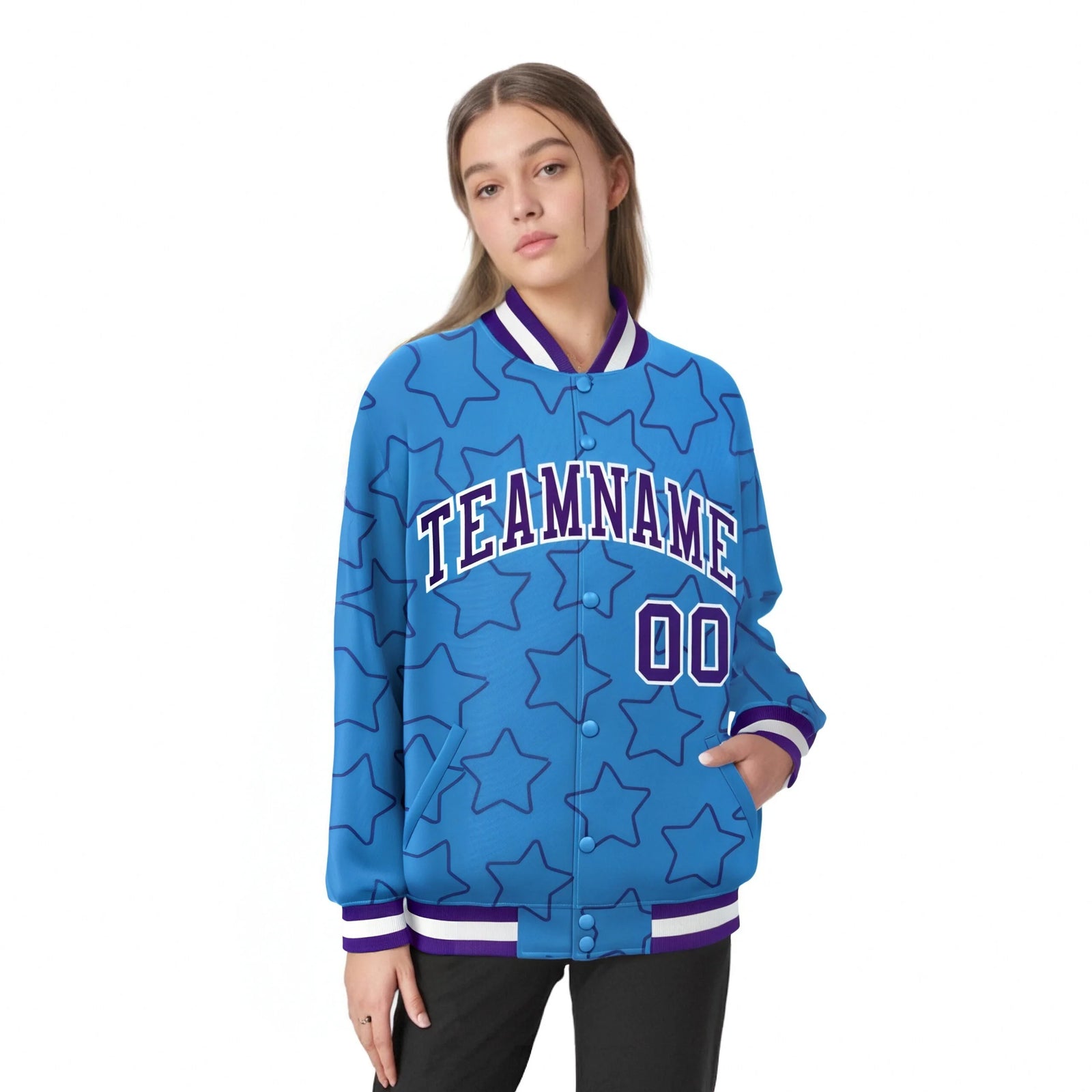 Custom Powder Blue Purple-White Varsity Full-Snap Star Pattern Letterman Baseball Jacket