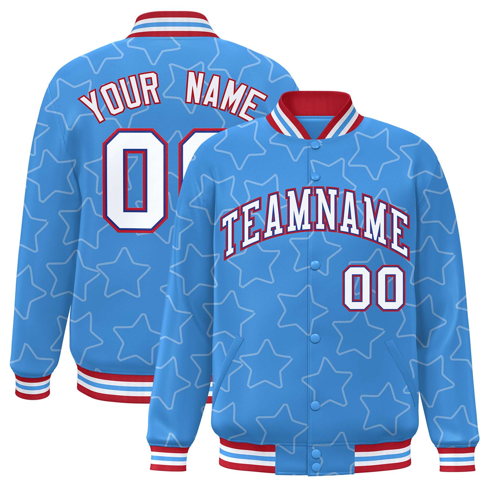 Custom Powder Blue White-Red Varsity Full-Snap Star Pattern Letterman Baseball Jacket