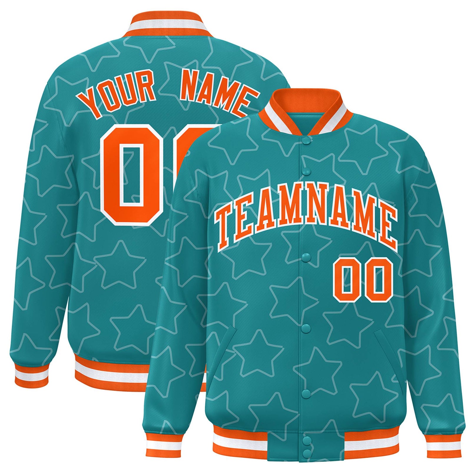Custom Aqua Orange-White Varsity Full-Snap Star Pattern Letterman Baseball Jacket