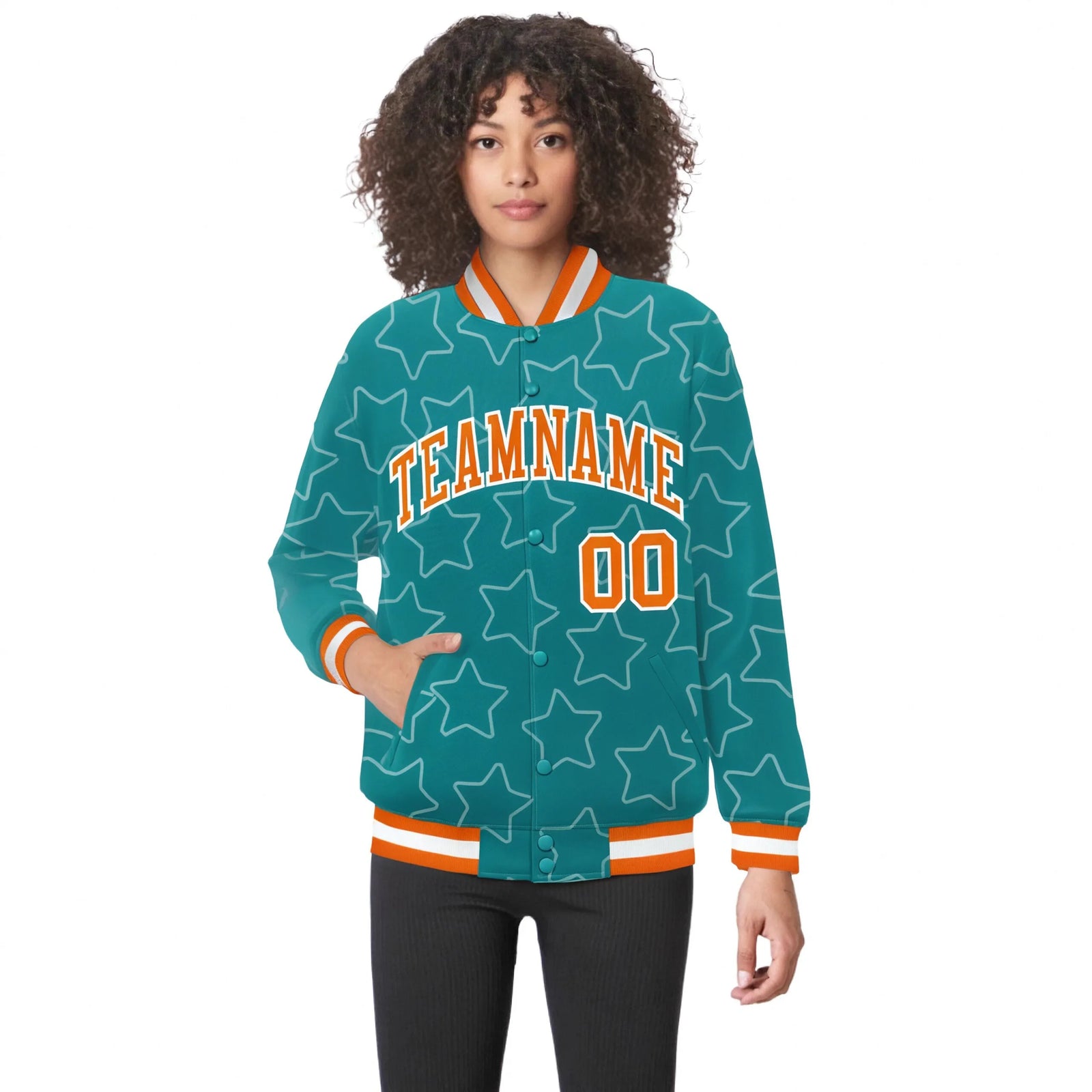 Custom Aqua Orange-White Varsity Full-Snap Star Pattern Letterman Baseball Jacket