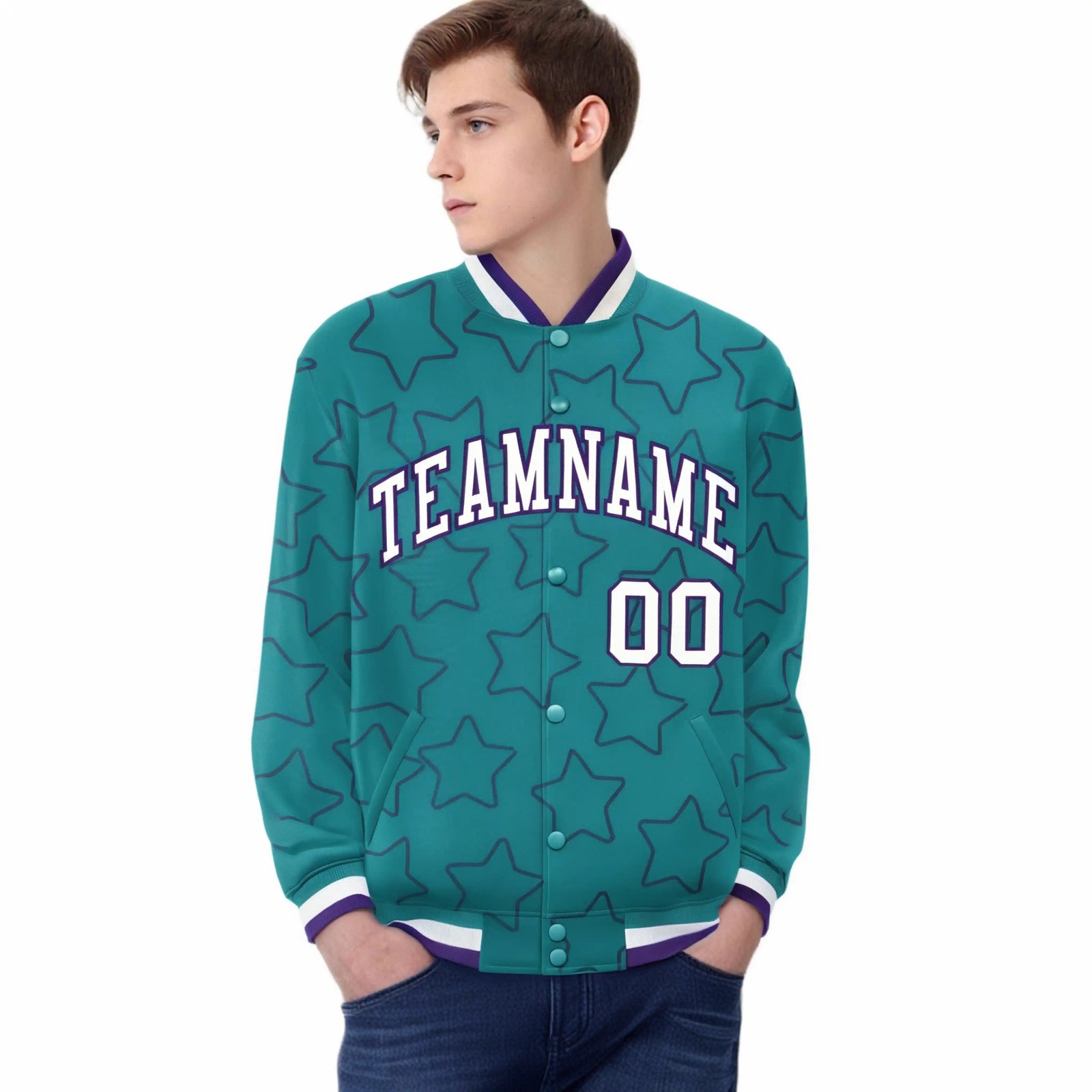 Custom Aqua White-Purple Varsity Full-Snap Star Pattern Letterman Baseball Jacket
