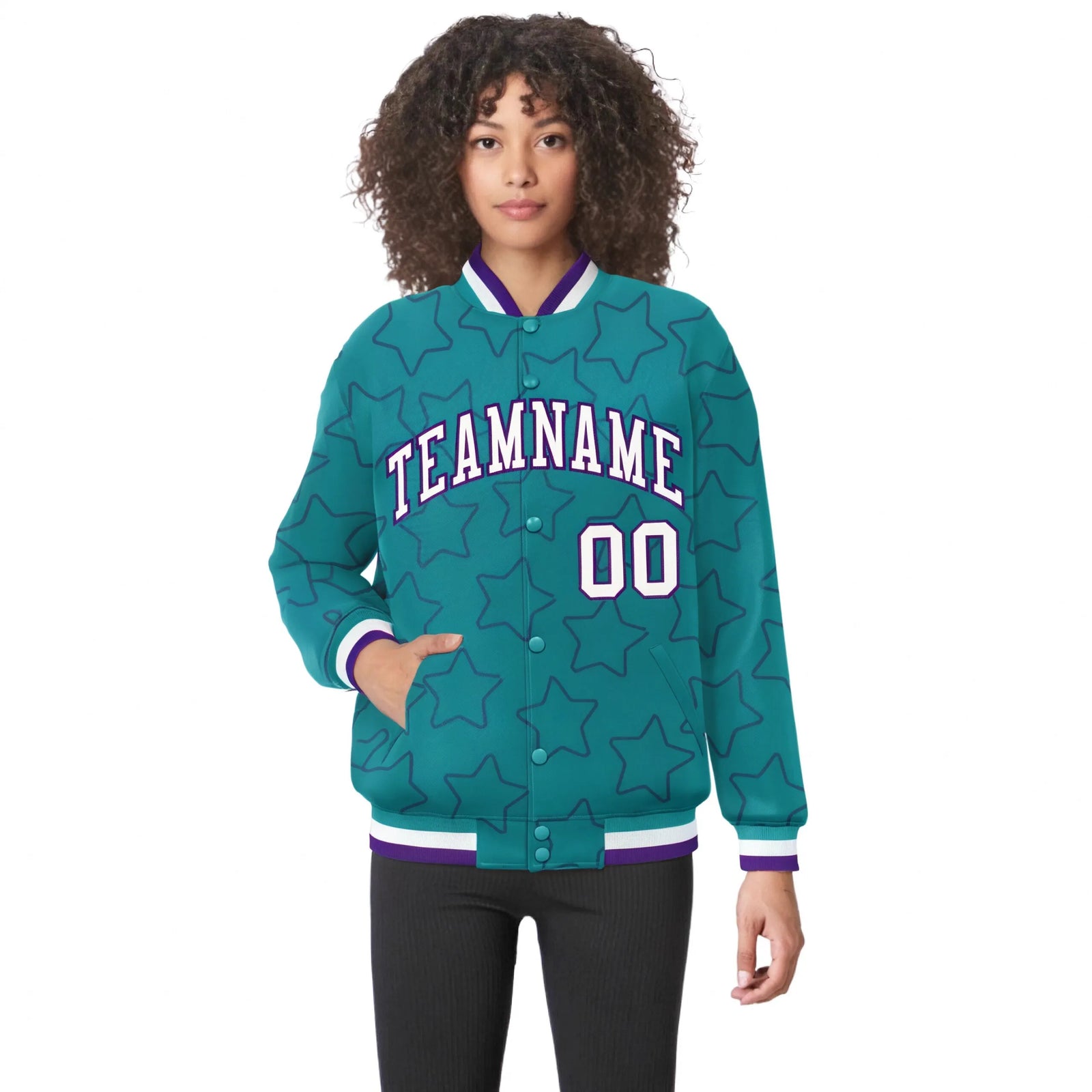 Custom Aqua White-Purple Varsity Full-Snap Star Pattern Letterman Baseball Jacket