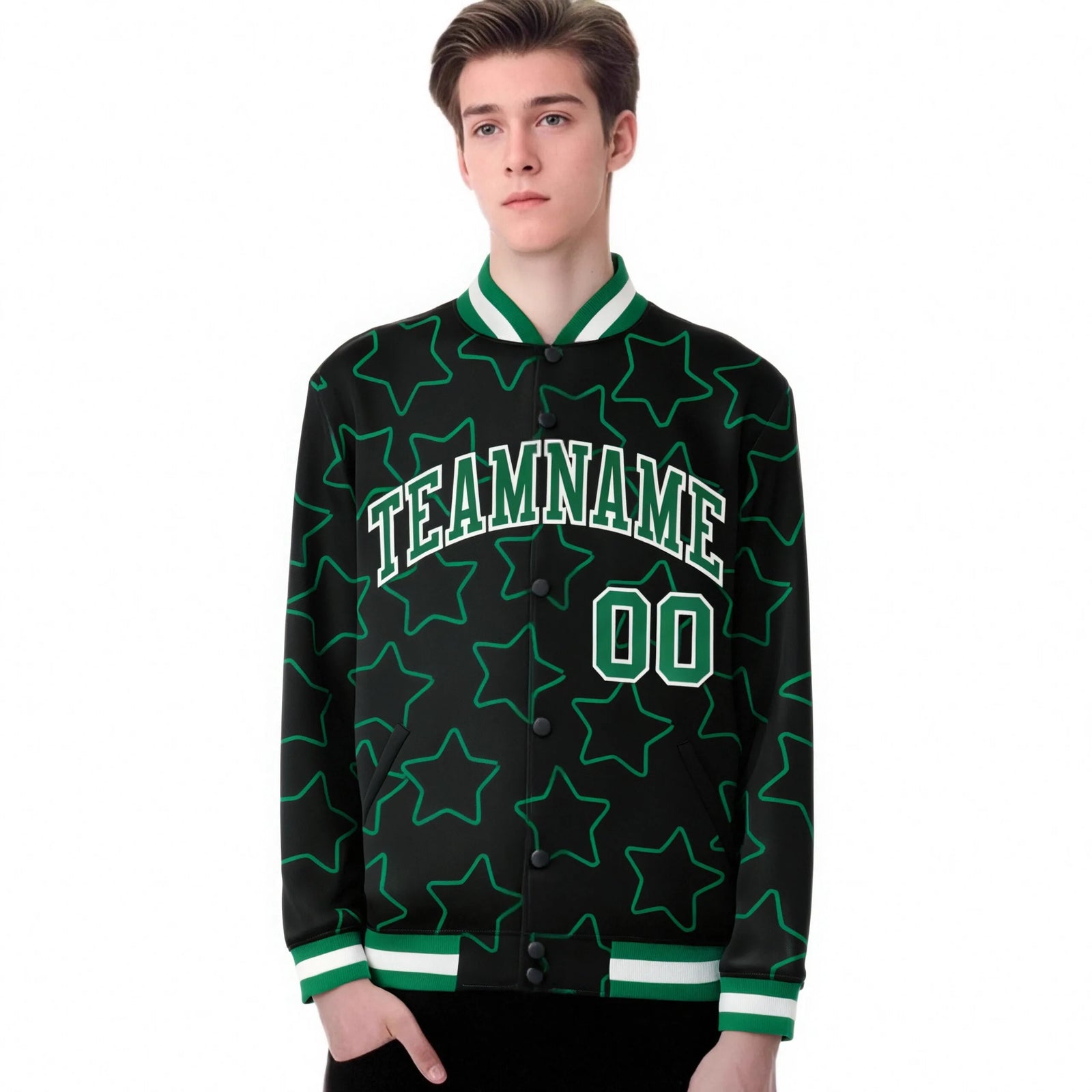 Custom Black Green-White Varsity Full-Snap Star Pattern Letterman Baseball Jacket