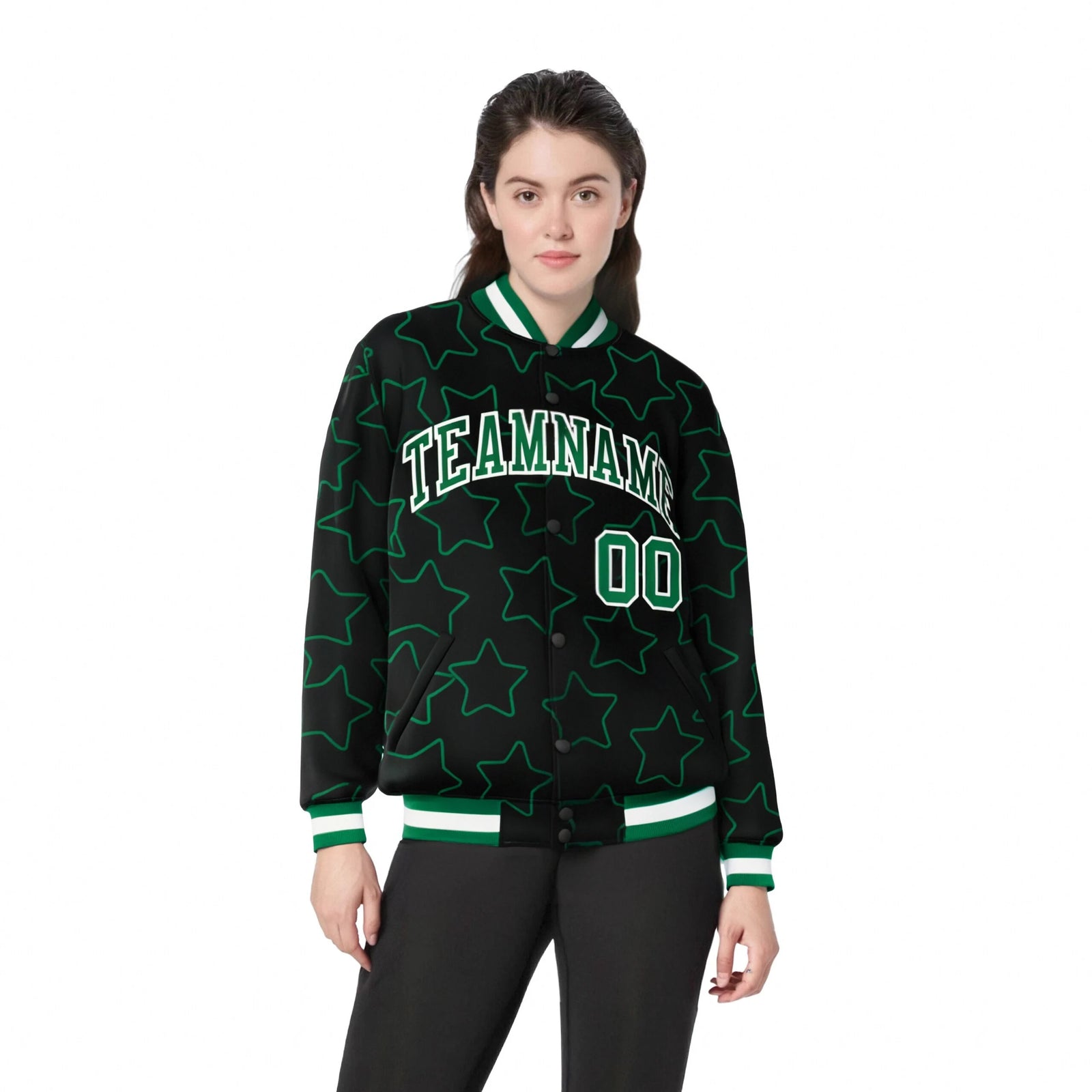 Custom Black Green-White Varsity Full-Snap Star Pattern Letterman Baseball Jacket