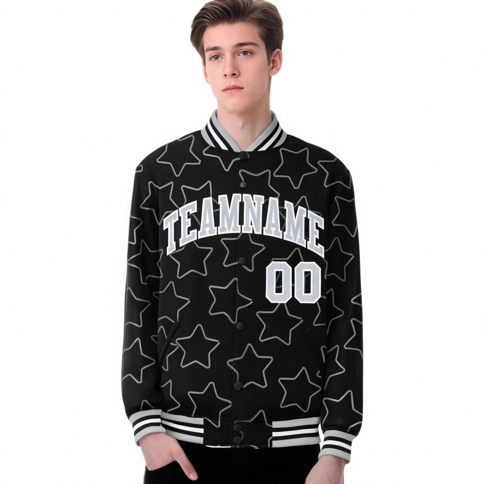 Custom Black Gray-White Varsity Full-Snap Star Pattern Letterman Baseball Jacket