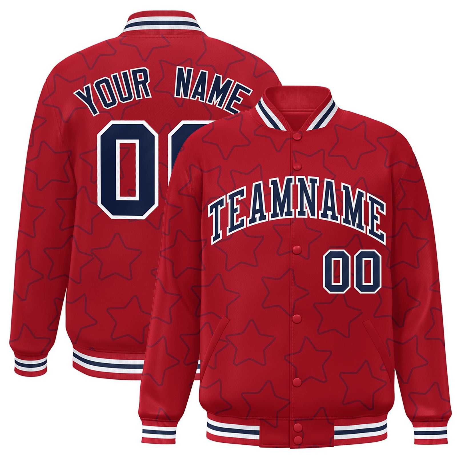 Custom Red Navy-White Varsity Full-Snap Star Pattern Letterman Baseball Jacket