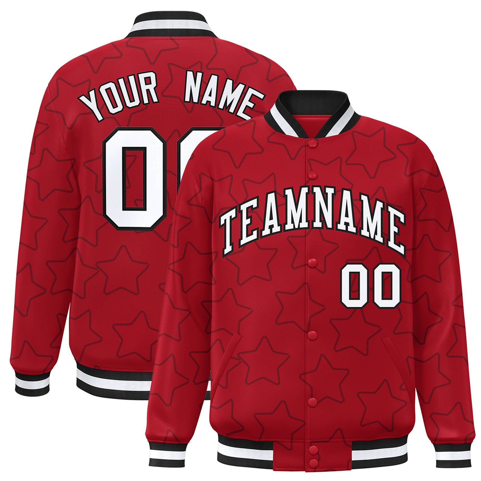 Custom Red White-Black Varsity Full-Snap Star Pattern Letterman Baseball Jacket