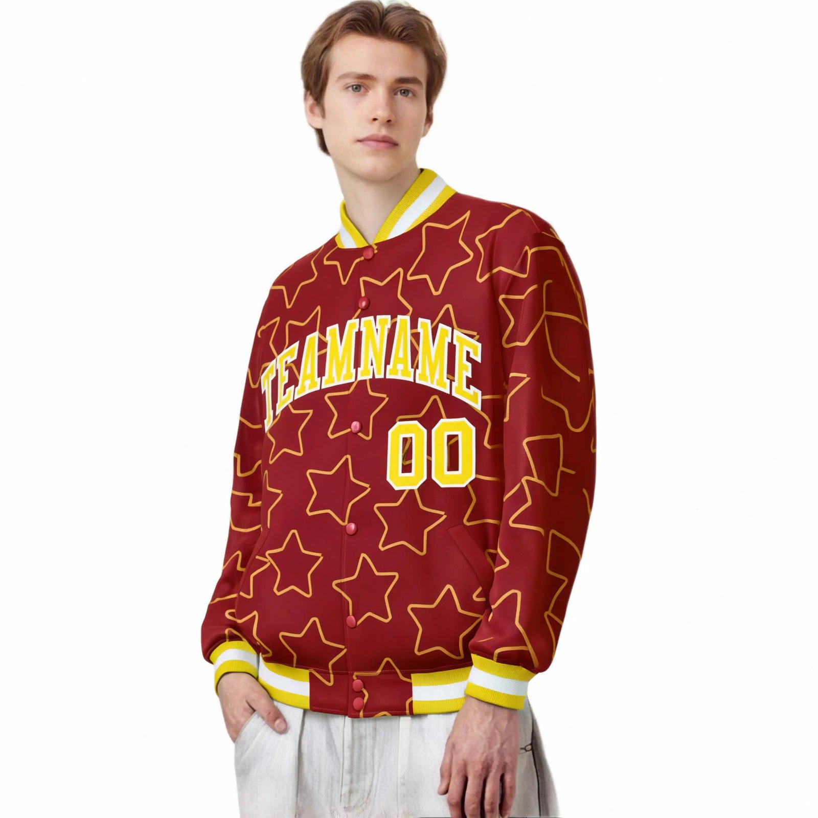 Custom Red Gold-White Varsity Full-Snap Star Pattern Letterman Baseball Jacket