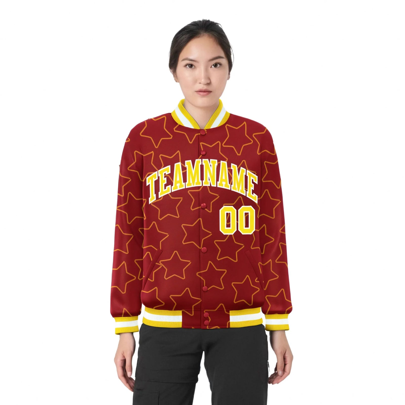 Custom Red Gold-White Varsity Full-Snap Star Pattern Letterman Baseball Jacket