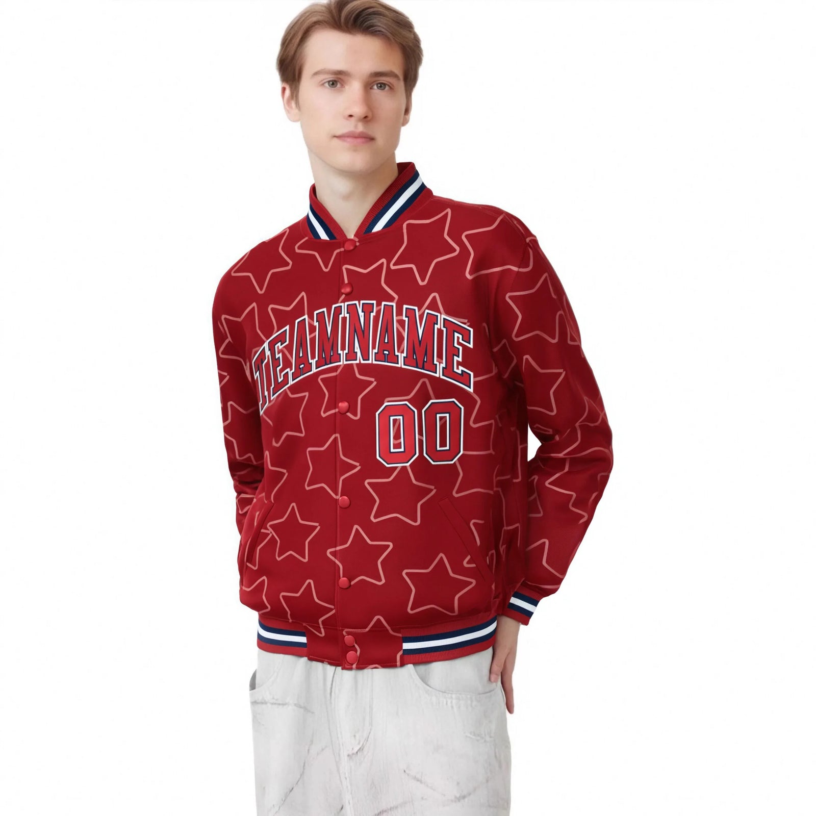 Custom Red Red-Navy Varsity Full-Snap Star Pattern Letterman Baseball Jacket