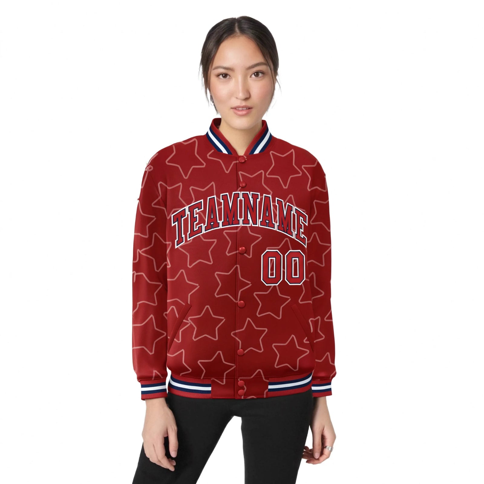 Custom Red Red-Navy Varsity Full-Snap Star Pattern Letterman Baseball Jacket