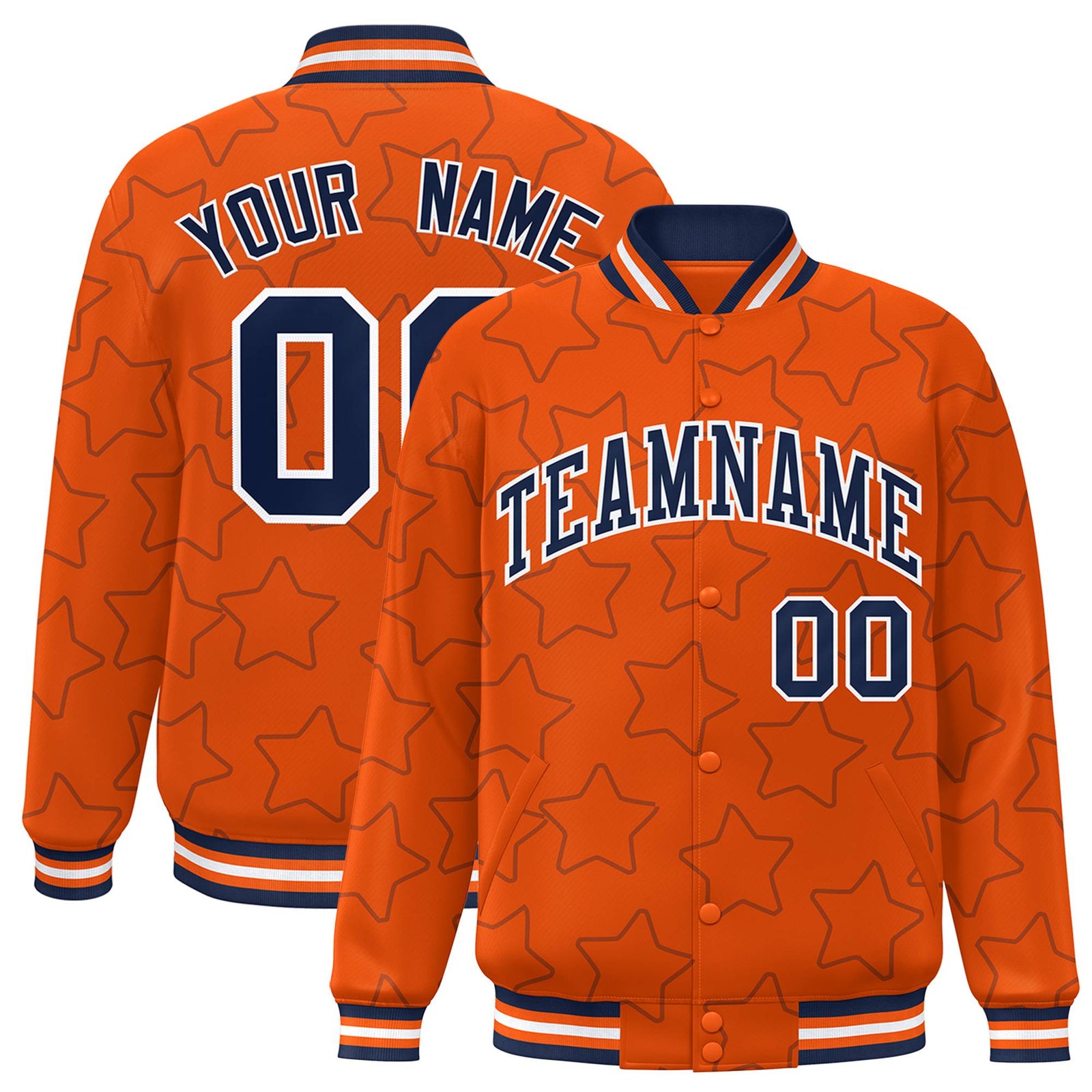 Custom Orange Navy-White Varsity Full-Snap Star Pattern Letterman Baseball Jacket