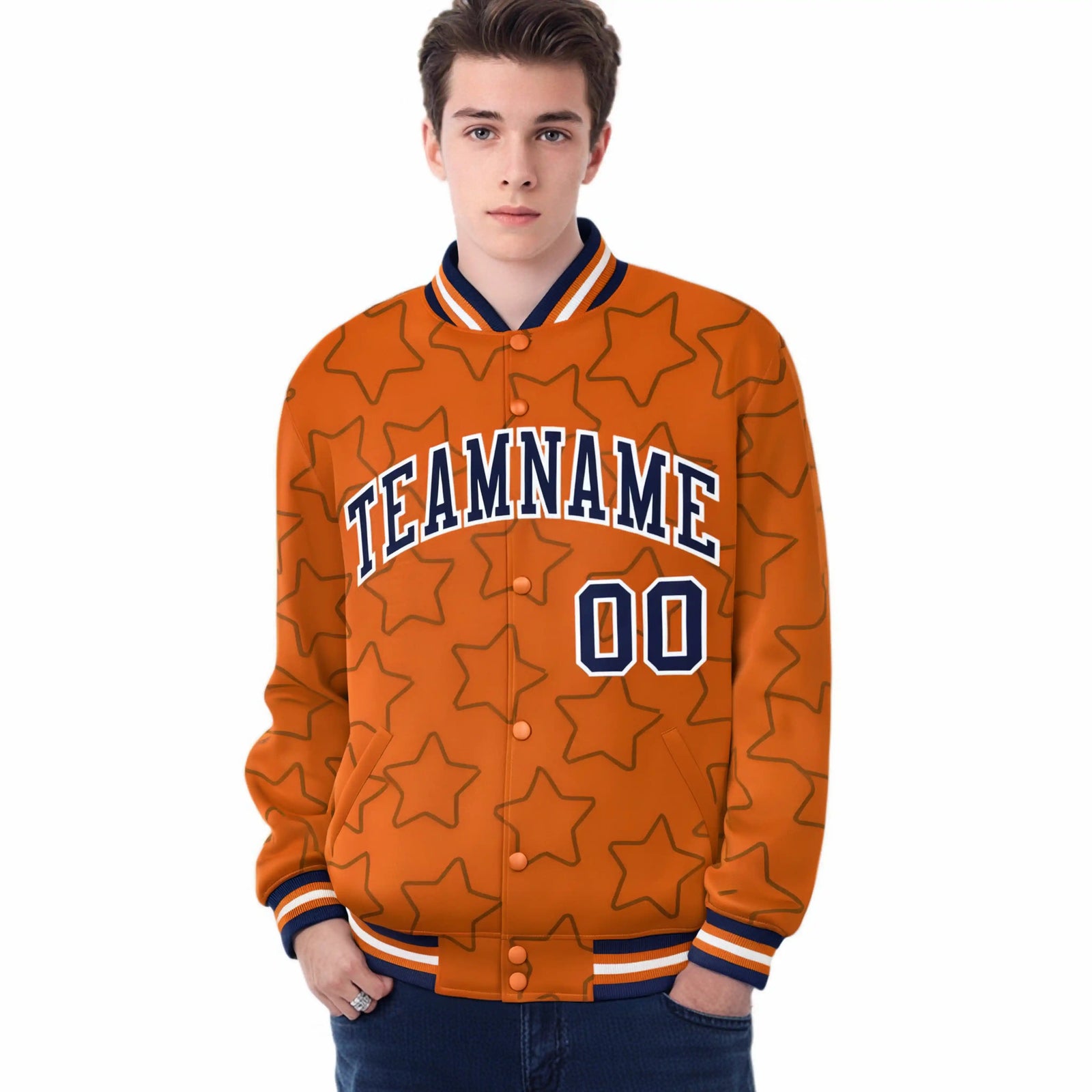 Custom Orange Navy-White Varsity Full-Snap Star Pattern Letterman Baseball Jacket