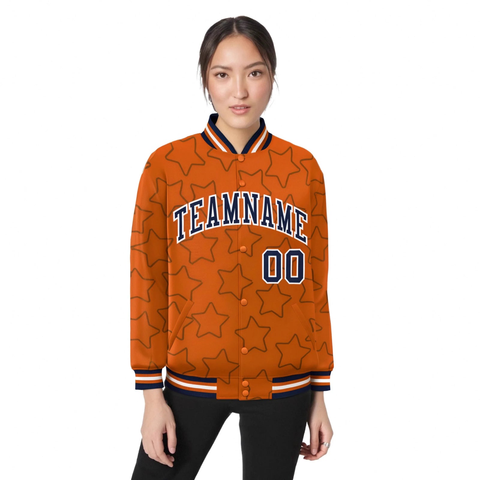 Custom Orange Navy-White Varsity Full-Snap Star Pattern Letterman Baseball Jacket