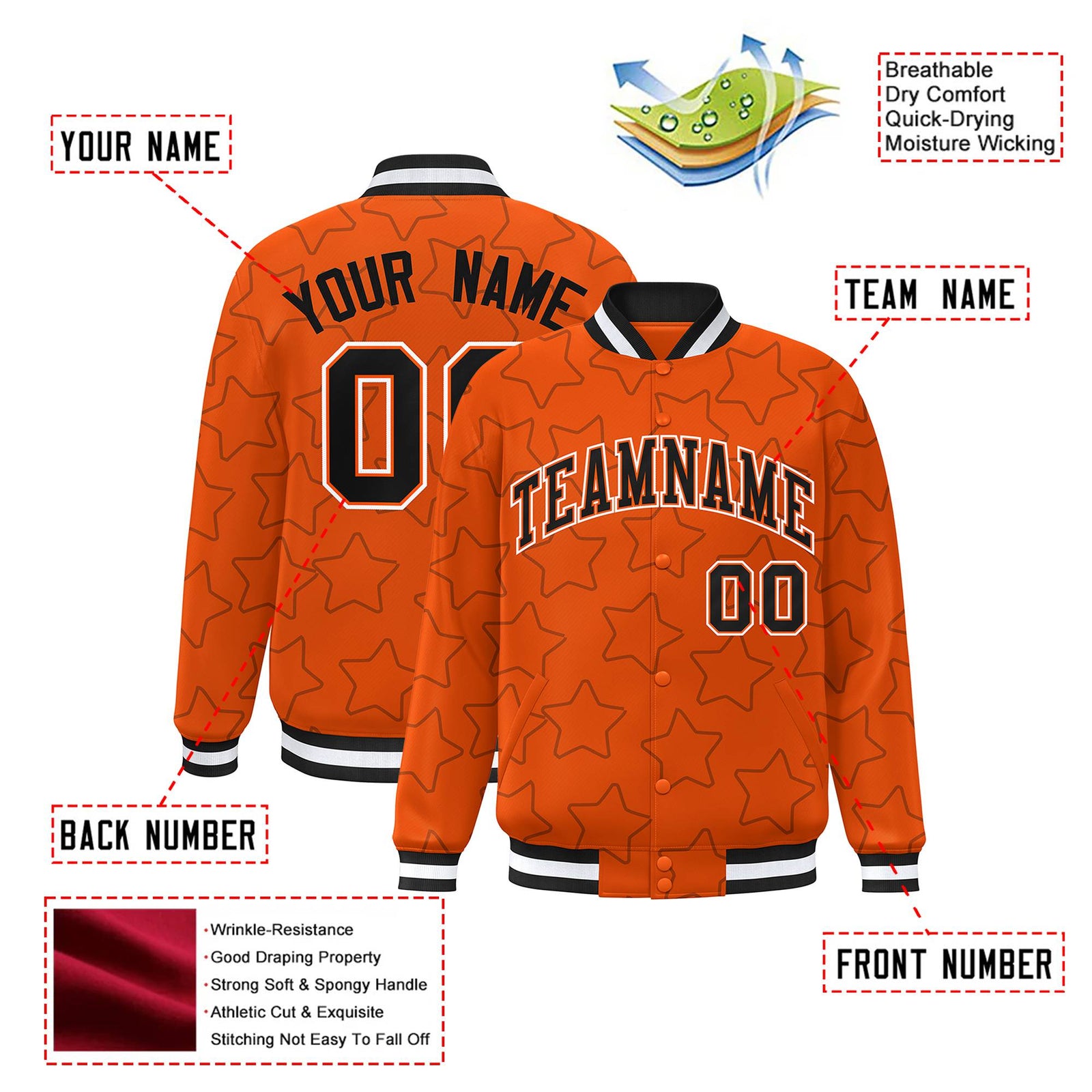 Custom Orange Black-White Varsity Full-Snap Star Pattern Letterman Baseball Jacket