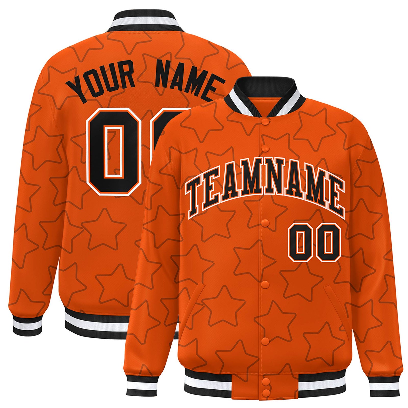 Custom Orange Black-White Varsity Full-Snap Star Pattern Letterman Baseball Jacket