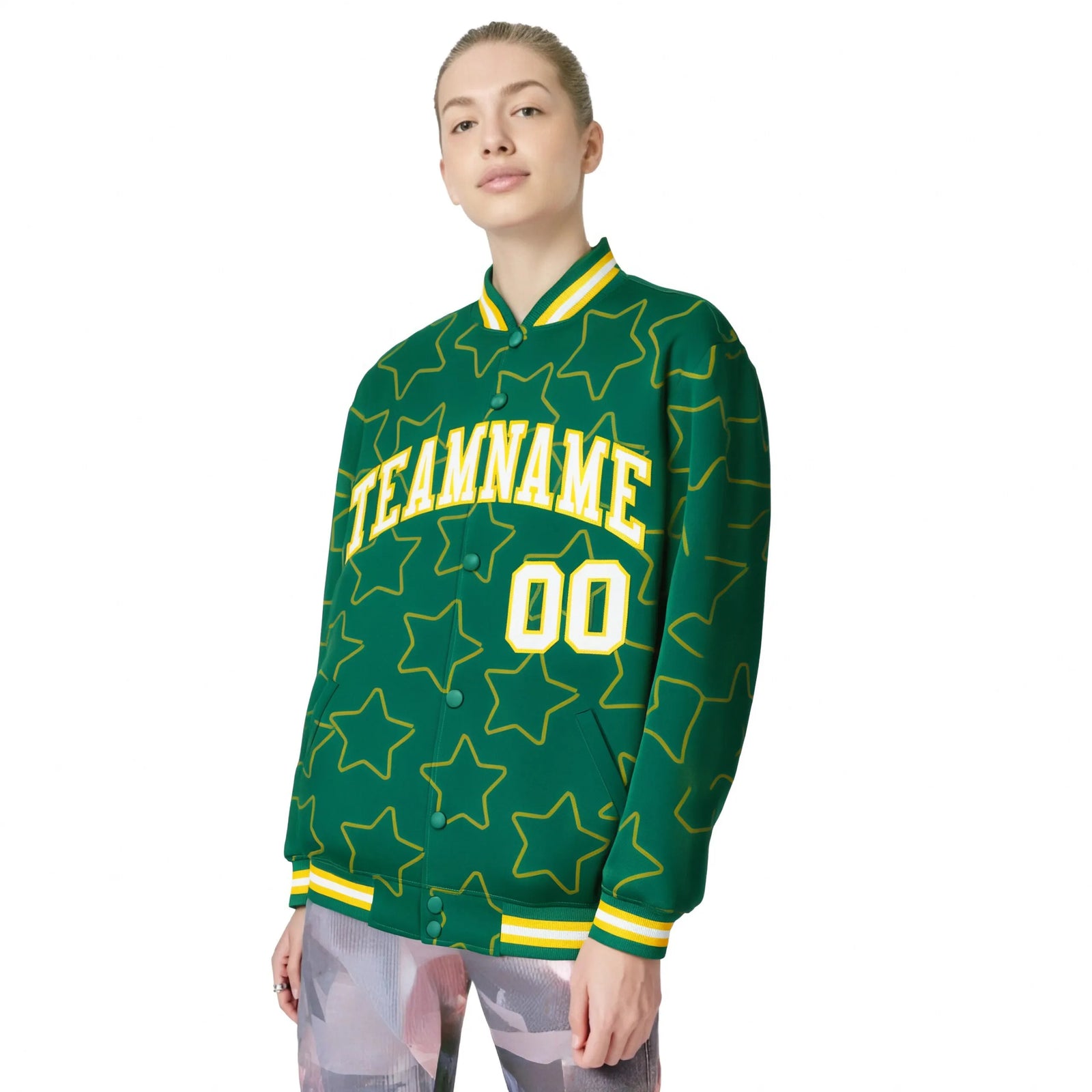Custom Kelly Green White-Gold Varsity Full-Snap Star Pattern Letterman Baseball Jacket