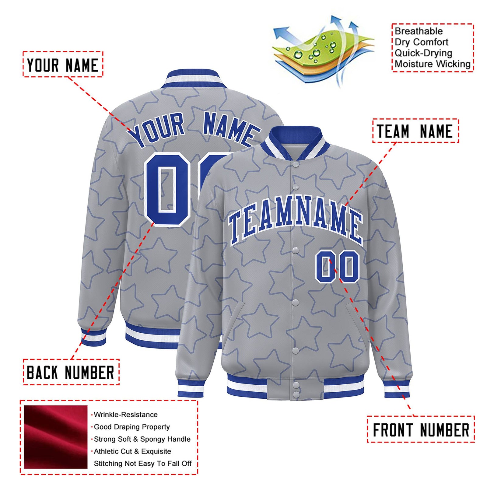 Custom Gray Royal Blue-White Varsity Full-Snap Star Pattern Letterman Baseball Jacket