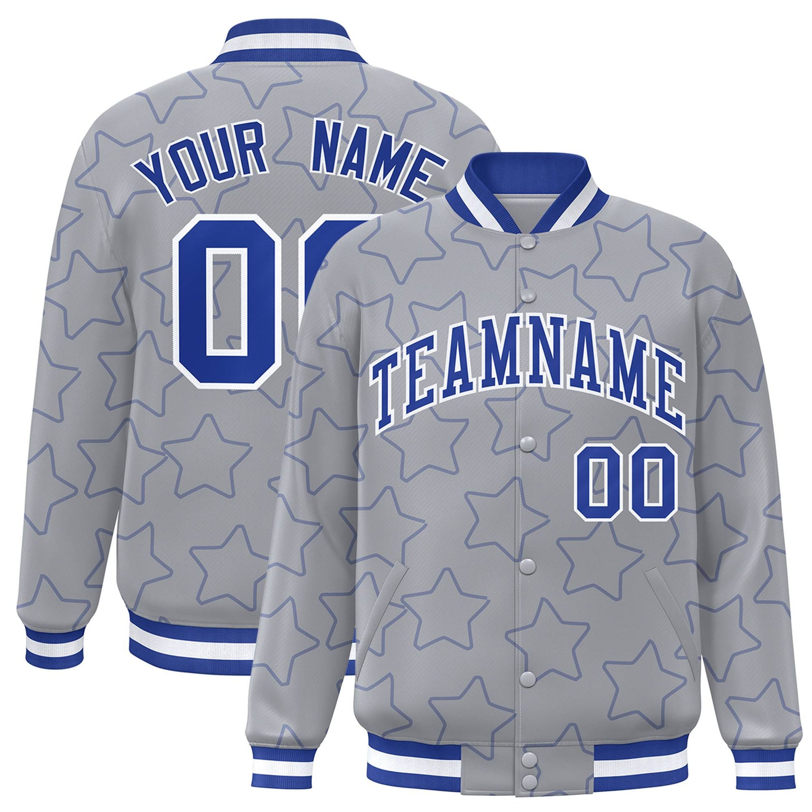 Custom Gray Royal Blue-White Varsity Full-Snap Star Pattern Letterman Baseball Jacket